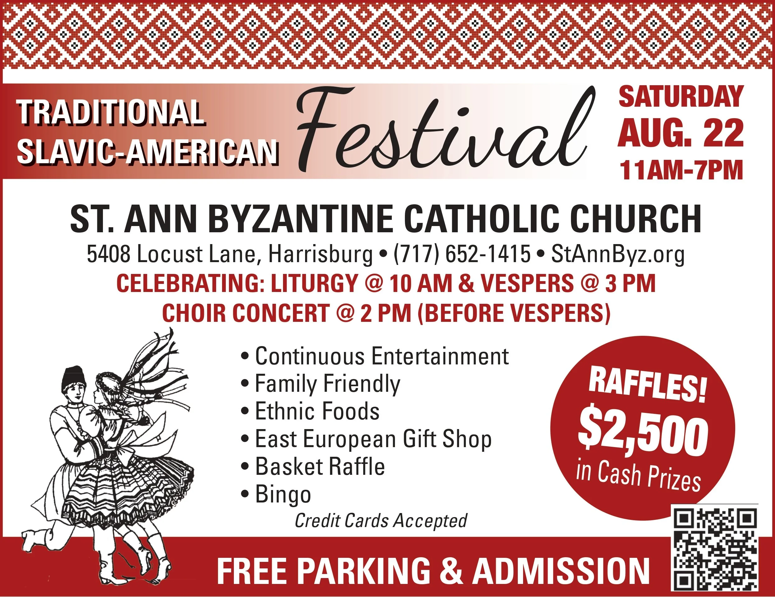 A flyer for a traditional Slavic-American festival at St. Ann Byzantine Catholic Church. Includes details about the event date, time, location, activities like raffle, bingo, and ethnic foods, and mentions free parking and admission.