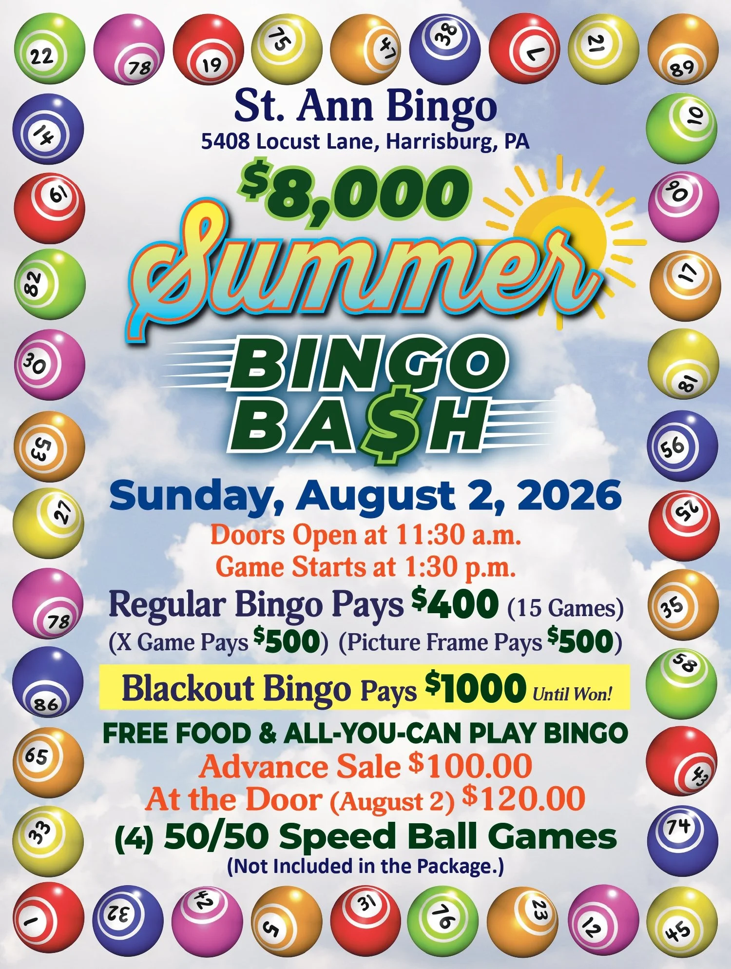 Flyer for St. Ann Bingo in Harrisburg, PA, featuring various bingo balls and event details including dates, times, pricing, and special games such as blackout and speed ball