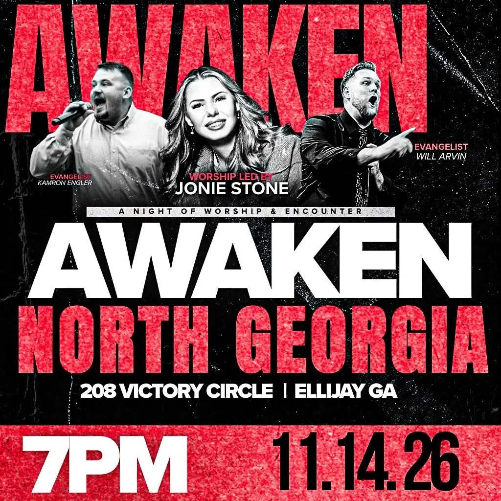 A promotional poster for a worship night titled 'Awaken North Georgia' featuring Joni Stone, Kamron Engler, and Will Arvin at 208 Victory Circle in Ellijay, Georgia on November 14, 2026, at 7 PM, with images of three speakers or performers, and a black and red color scheme.