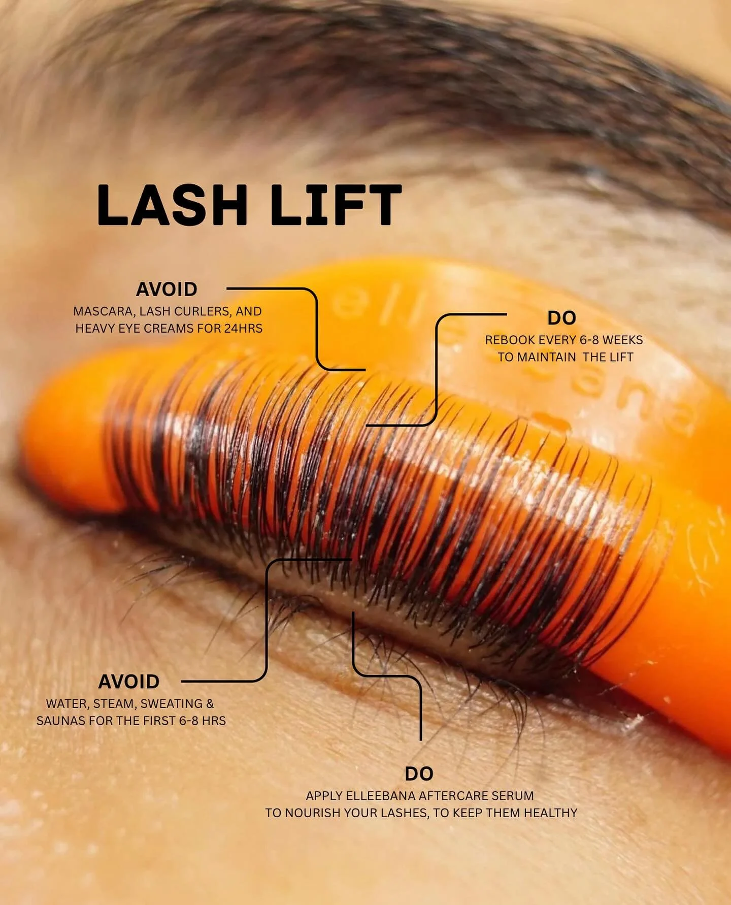 Important info about Lash Lifting ‼️ 

Avoid - mascara, lash curlers and heavy eye cream for 24 hours. 

Avoid - water, steam, sweating and saunas for the first 6-8 hours. 

Do - apply Elleebana aftercare serum to nourish your lashes and keep them he