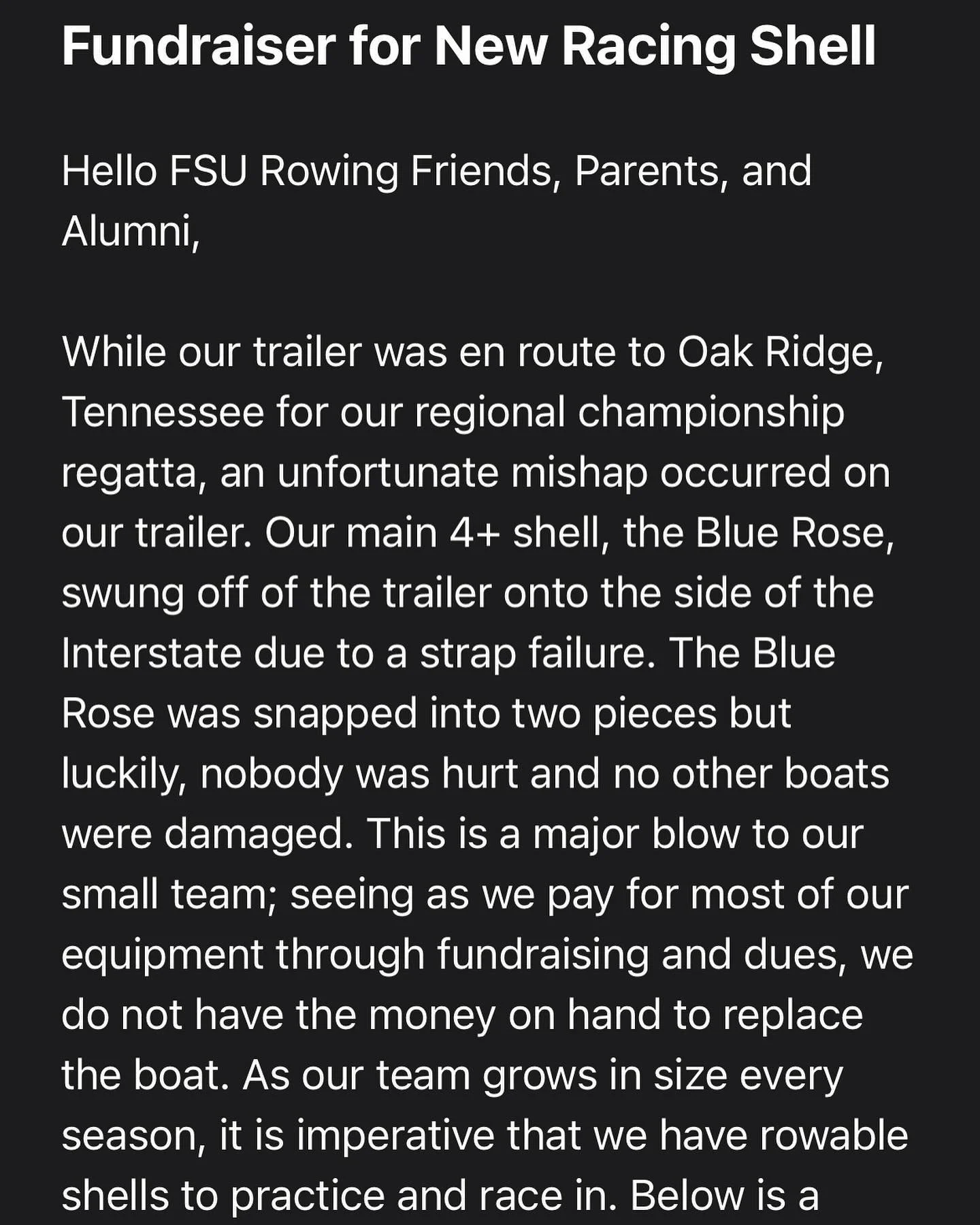 🚨FSU ROWING NEEDS YOUR HELP! They cannot row without boats. Can you pledge $20 monthly for a year? Or give a one-time donation of $200 today? If 100 people can join this campaign, we will fundraise $20,000. Please open your hearts and your wallets t