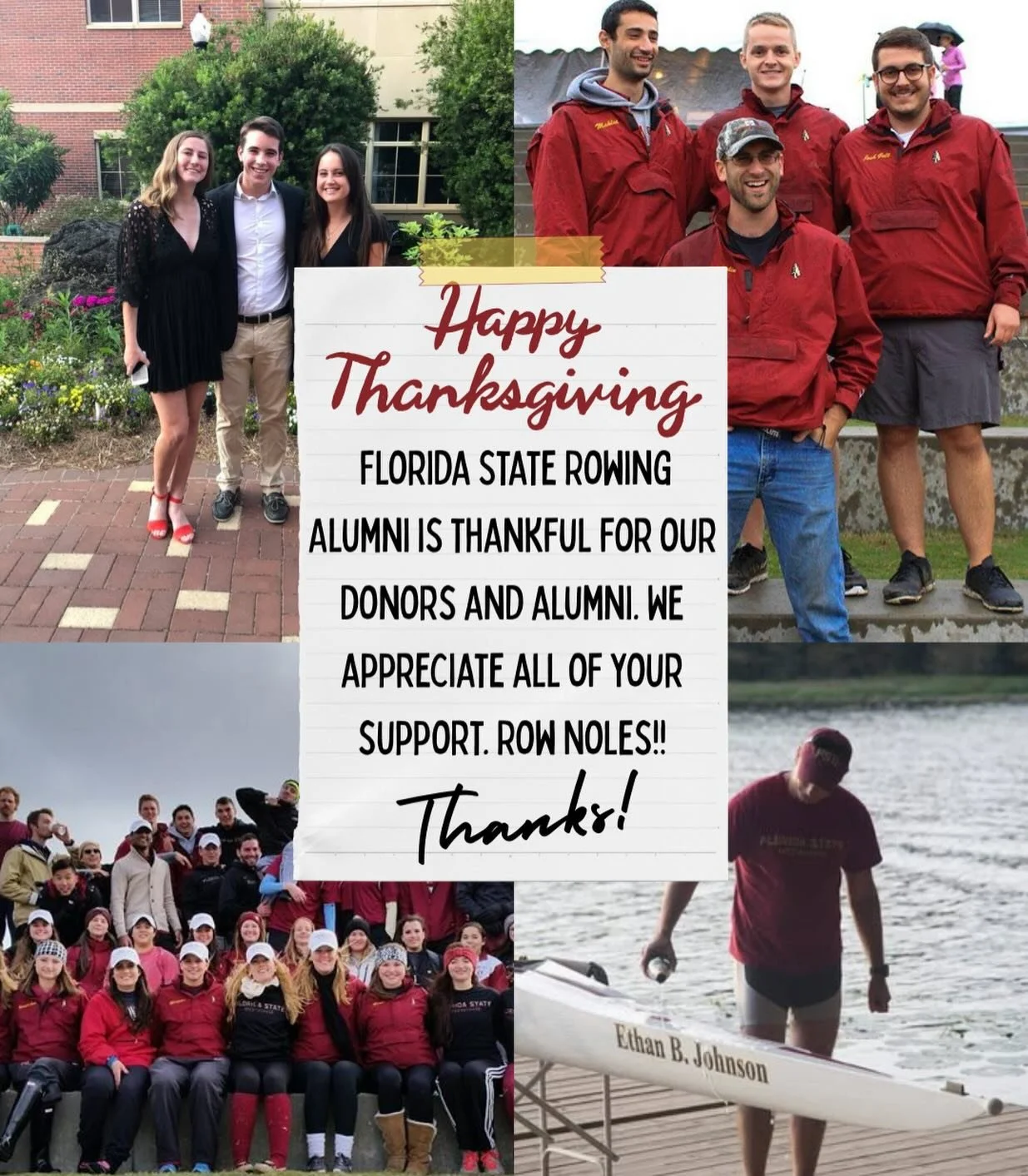 We are grateful for the work everyone does to support FSU Rowing. Whether through donations, alumni events, regatta support, or just cheering us on social media, thank you for all you do! Happy Thanksgiving! 🦃