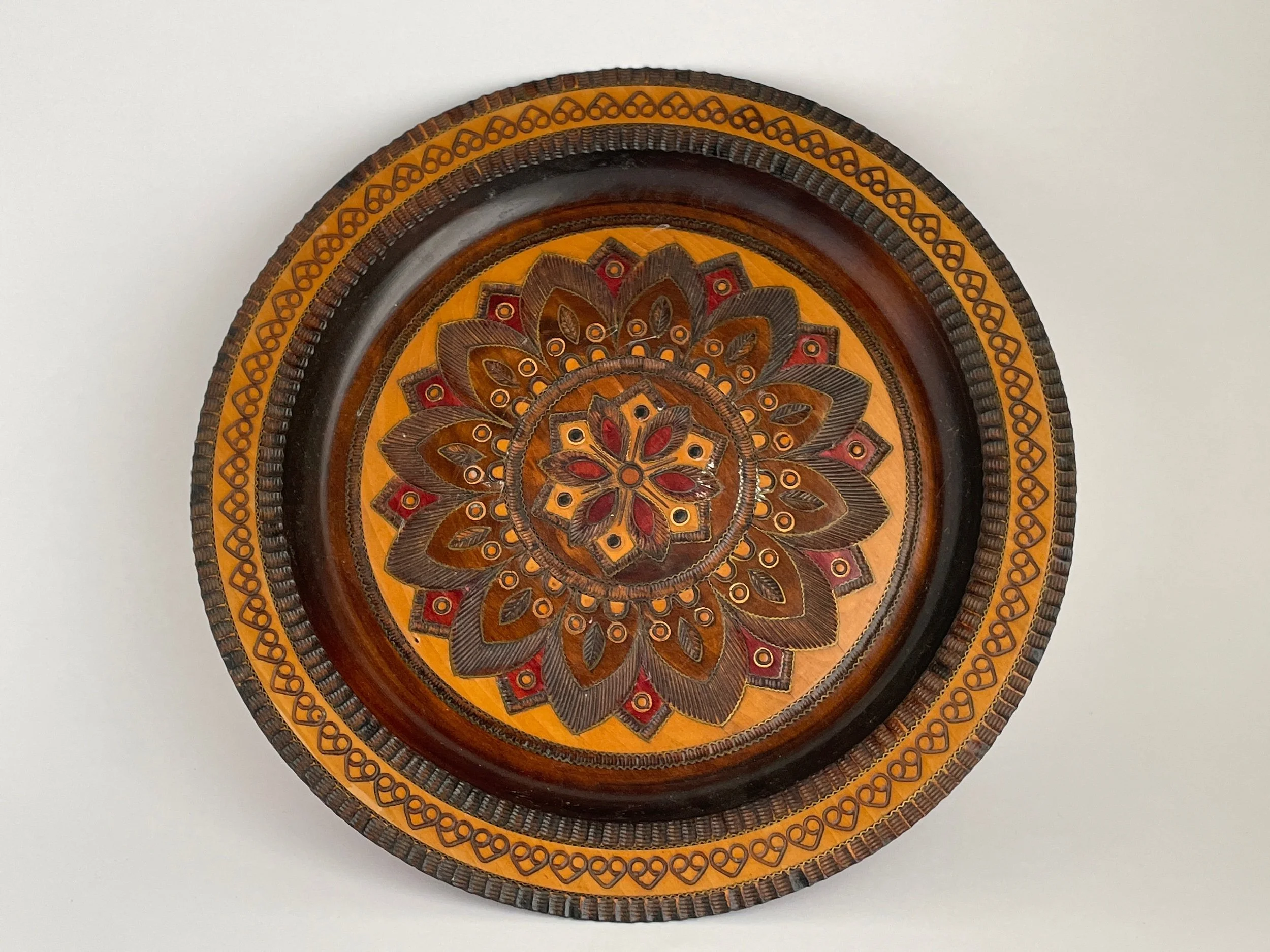 Vintage Polish folk art hand carved wooden plate with brass