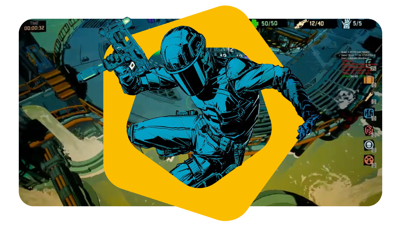 Futuristic comic-style figure with helmet and gun superimposed on a video game environment.