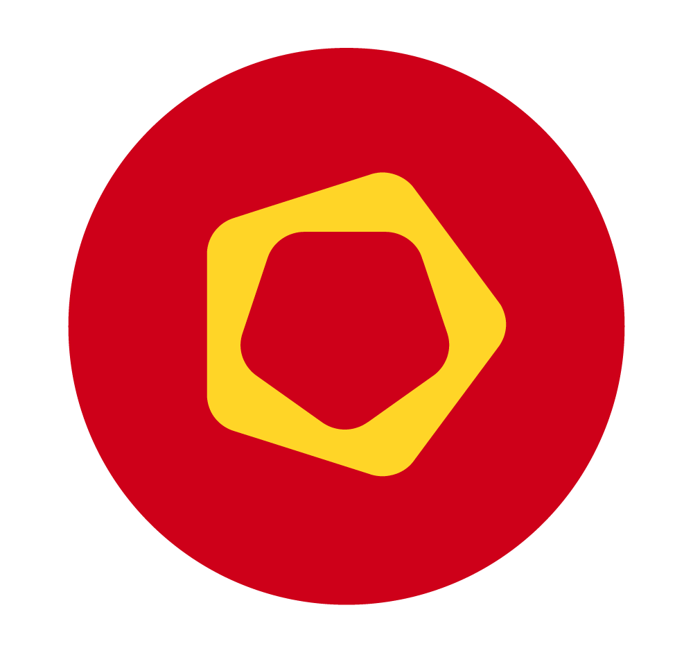 Red circle with yellow hexagonal shape inside, on white background.