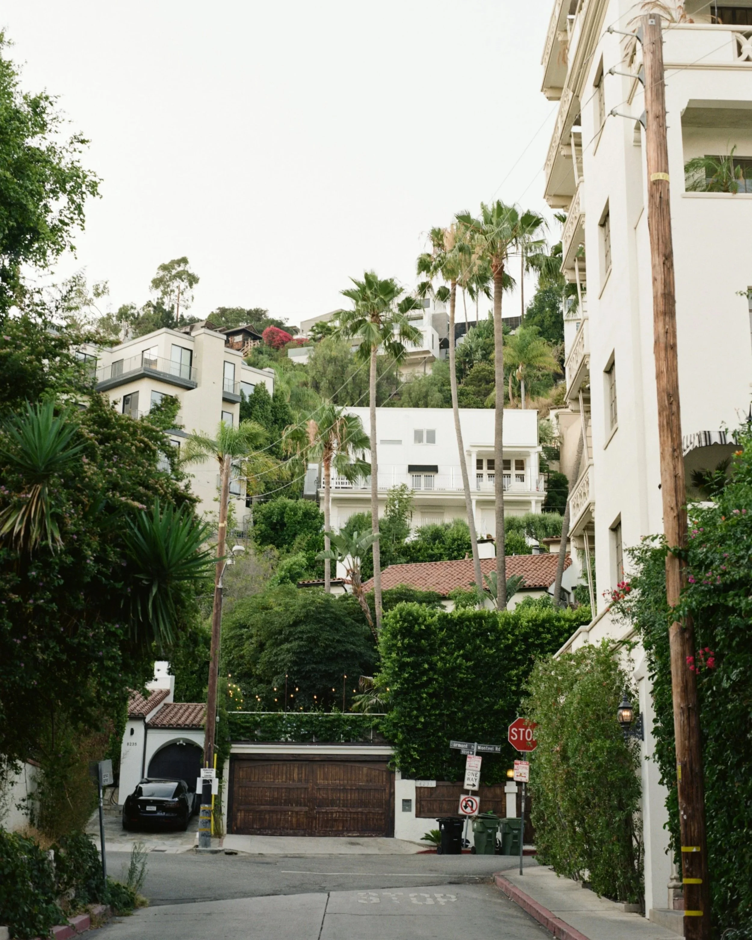 A residential street with lush green trees, palm trees, and white multi-story houses on a hillside. Street signs and a black car parked near a gated driveway are visible.