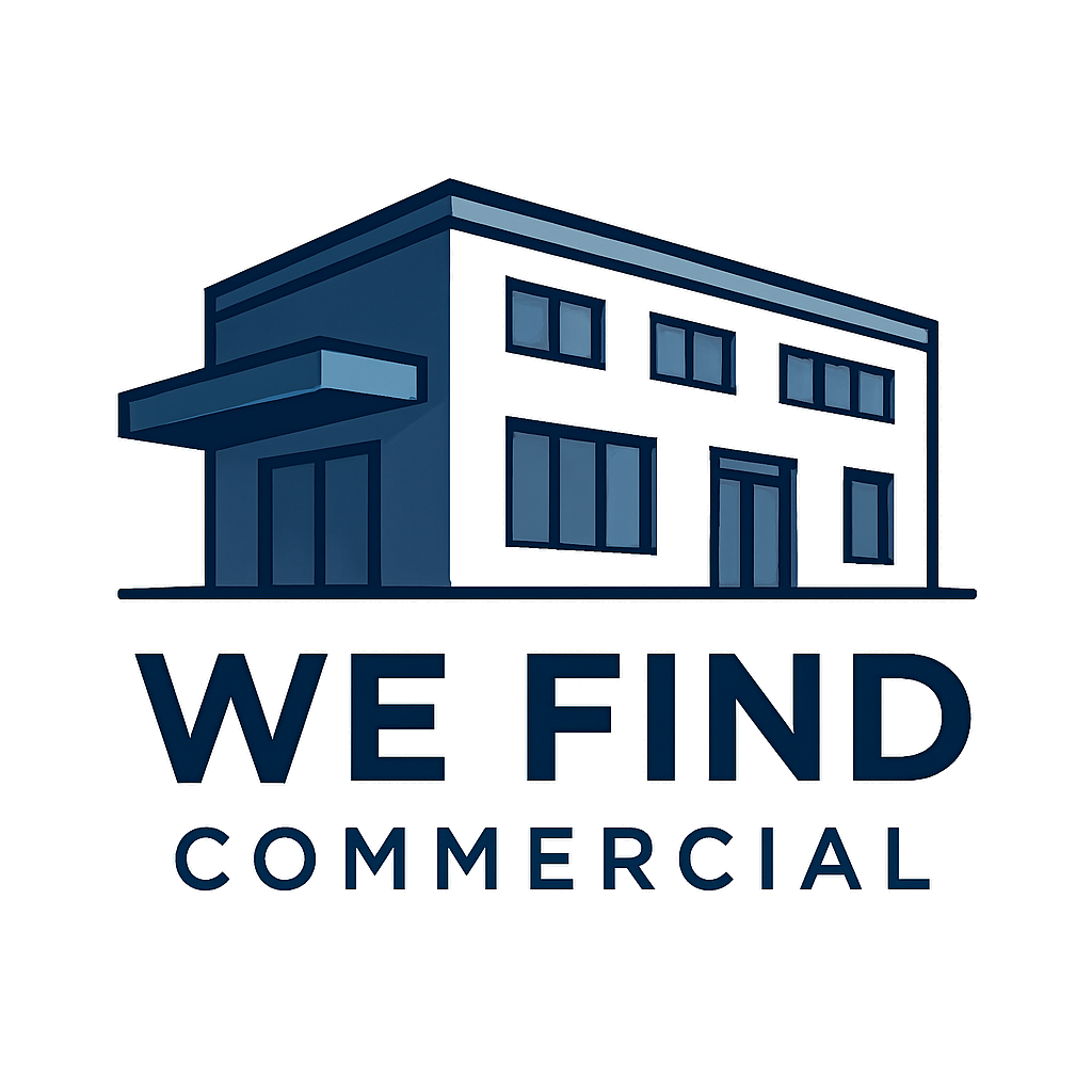 Logo of a modern building with the text "We Find Commercial" underneath.
