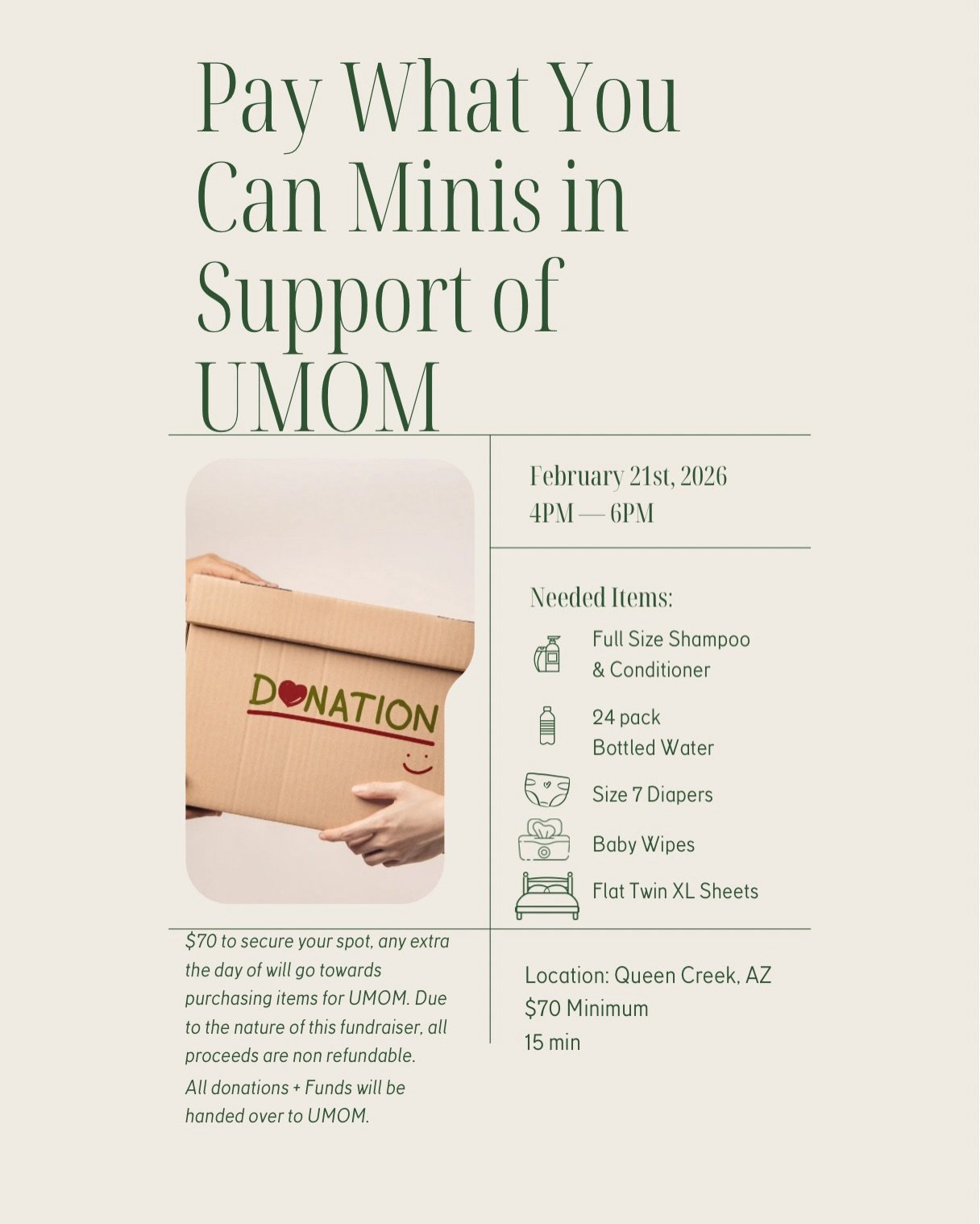 Opening up Pay What You Can minis!
$70 minimum
Feb 21st
15-minute sessions 
All proceeds donated to UMOM
Thank you for showing up, supporting, and doing some good together. 🫶🏼