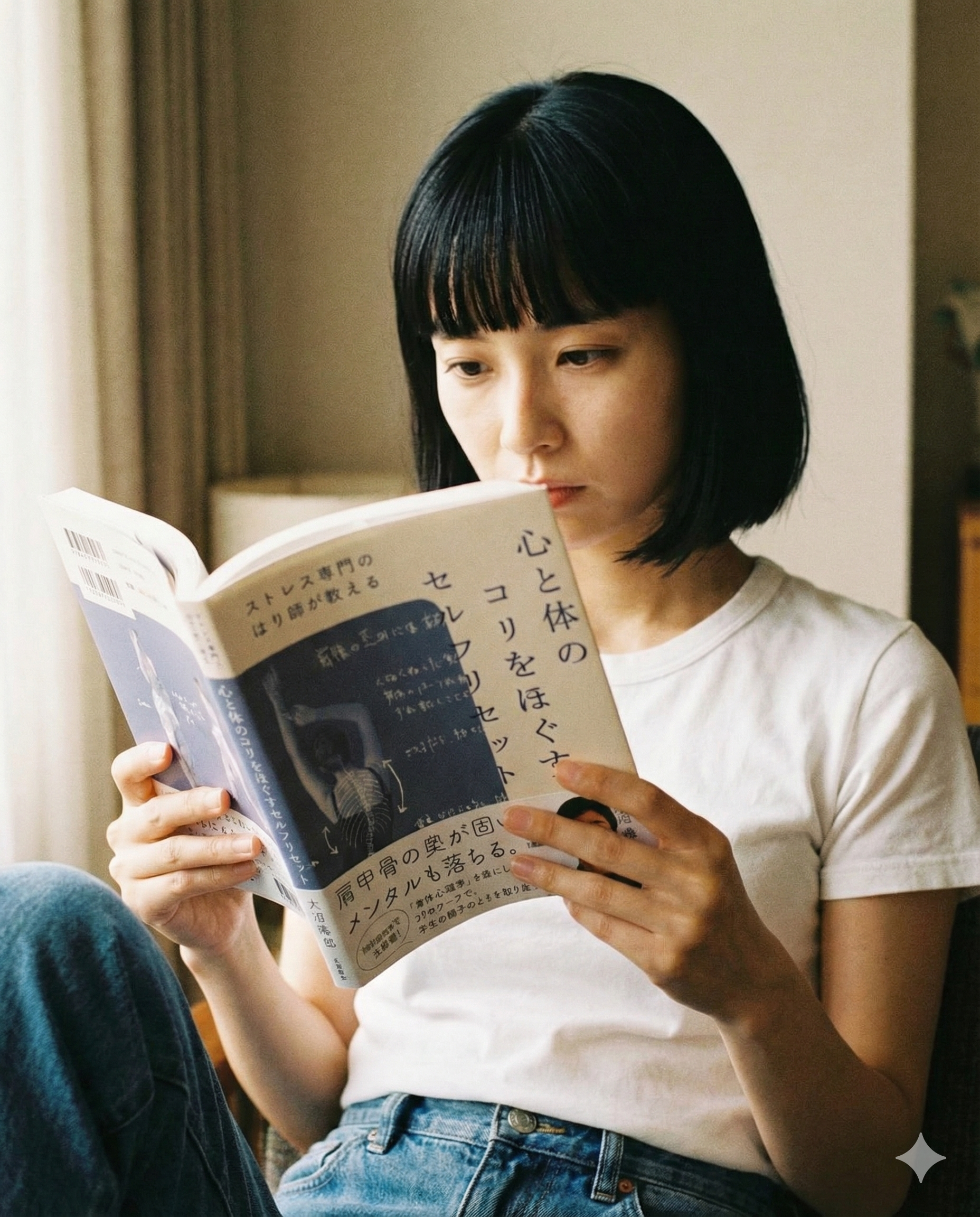 白いシャツを着た若い女性が、部屋の椅子に座りながら本を読んでいる。バックにはカーテンとランプが見える。