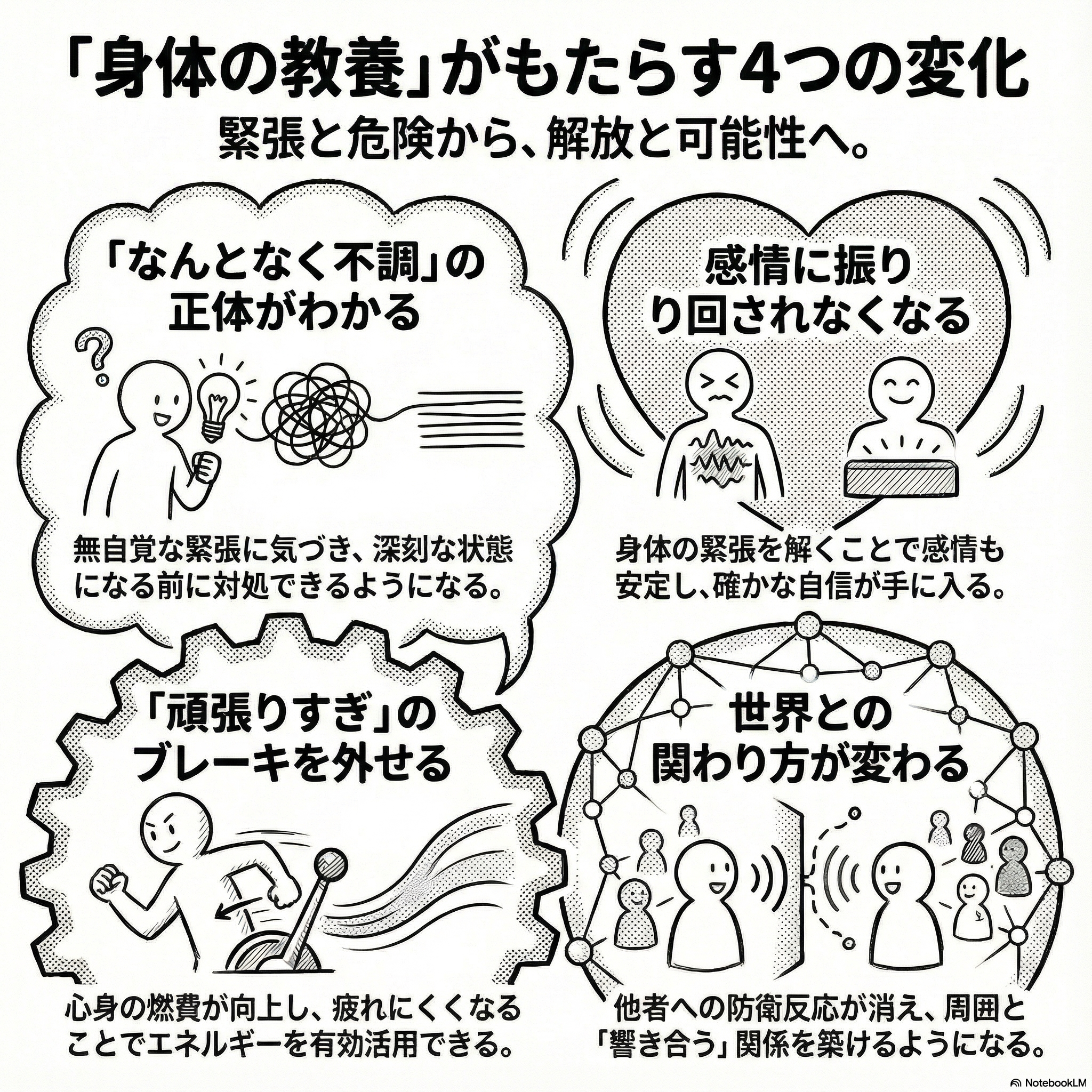 身体の教養による4つの変化：緊張と危険から解放と可能性へ。左上に不調の正体がわかると書かれ、イラストで思いつきや混乱を表現。右上に感情に振り回されなくなるとあり、リラックスした人のイラスト。左下には頑張りすぎのブレーキを外すとあり、走る人のイラスト。右下には世界との関わり方が変わるとあり、複数の人とつながるイラスト。