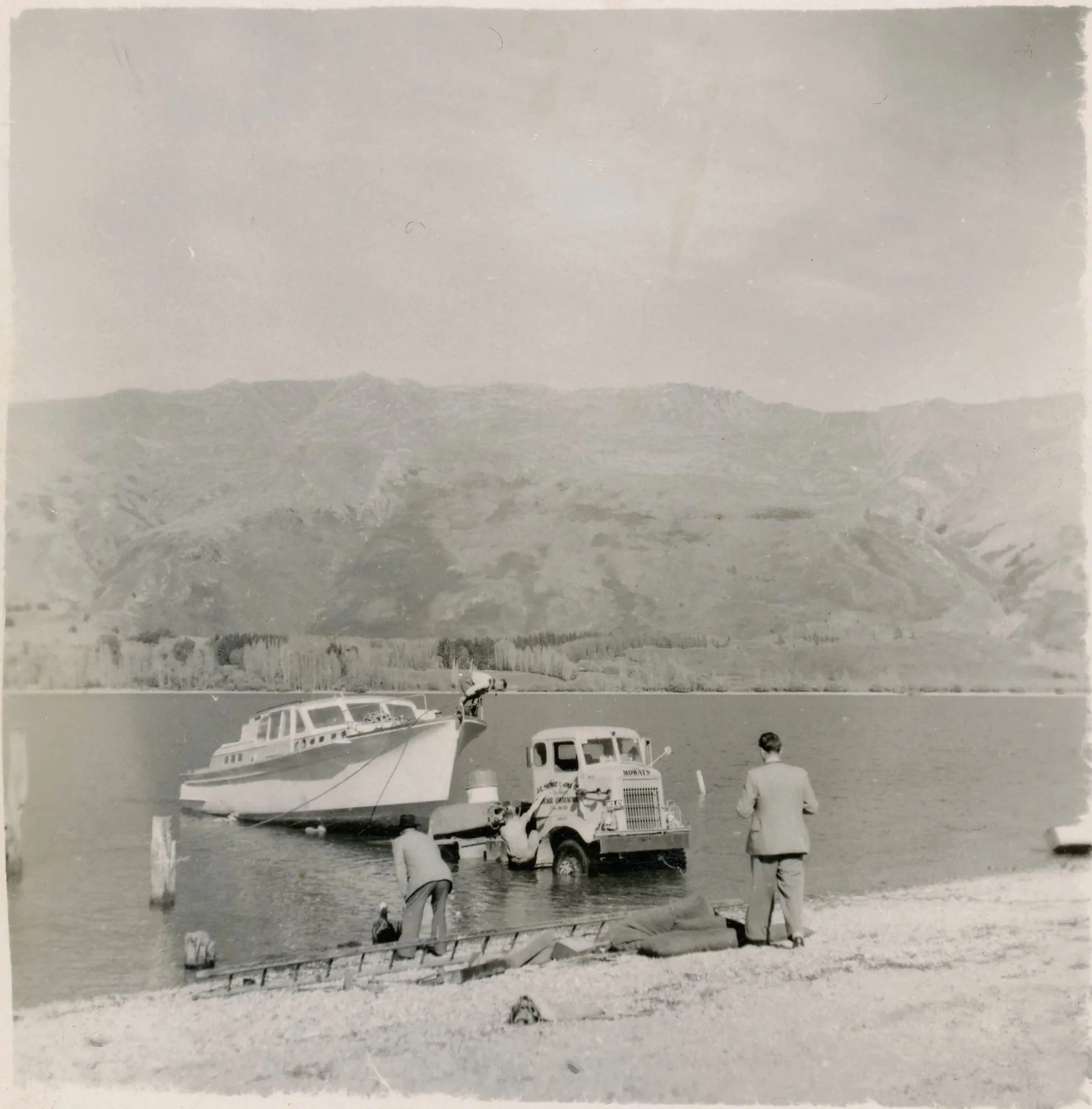  Malibu II  being launched into Lake Wānaka. 1955. Ref. D95