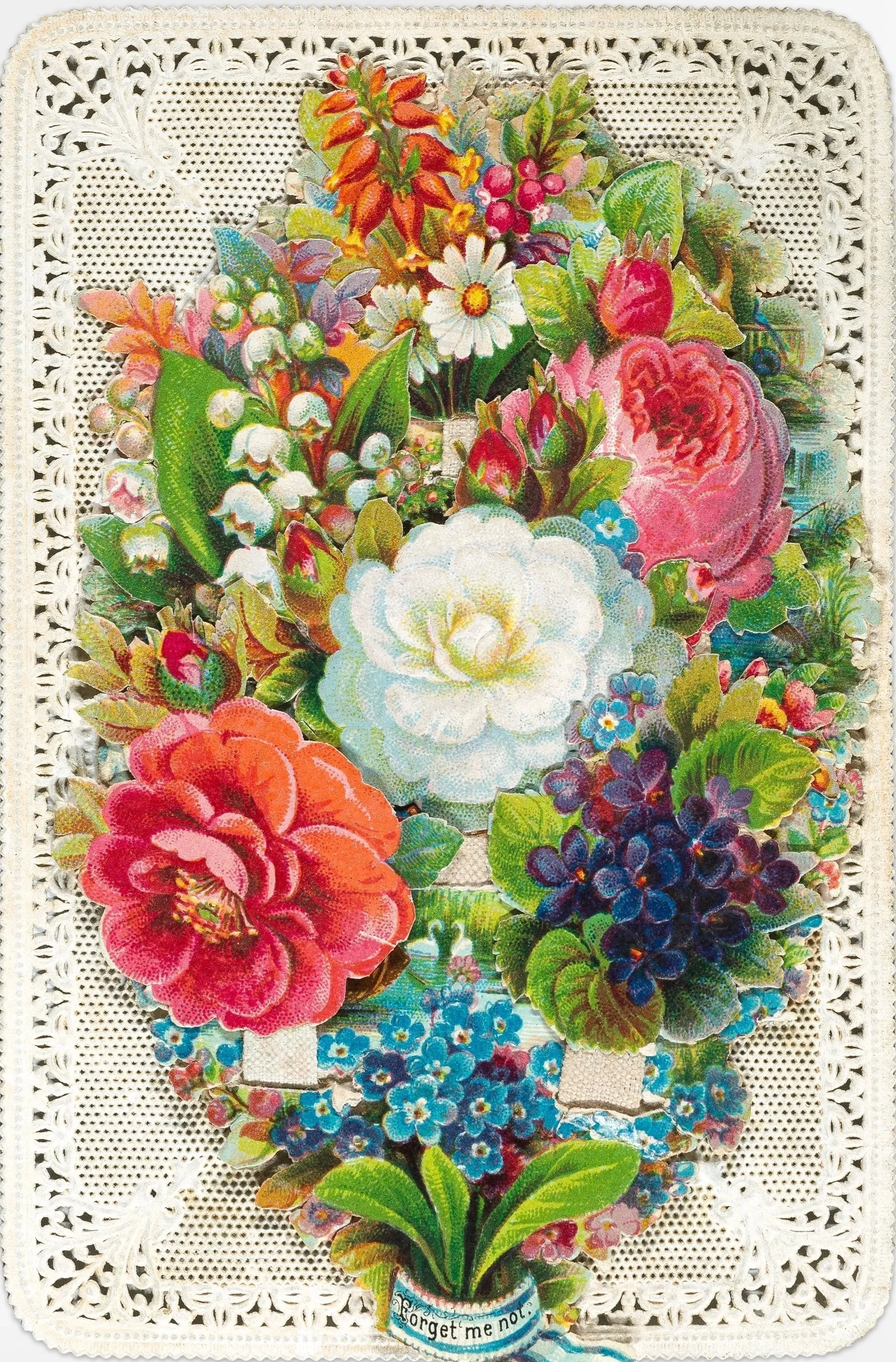 Colorful floral bouquet with pink, white, red, purple, and yellow flowers, surrounded by green leaves on a decorative lace background.