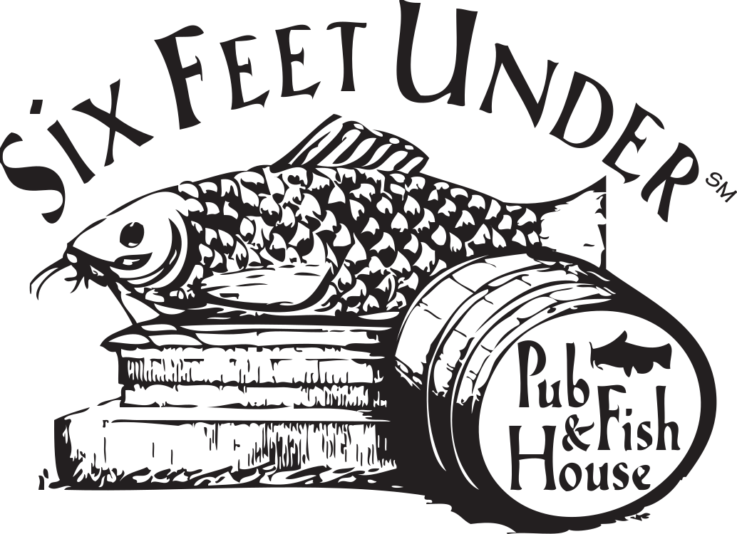 Logo for Six Feet Under Rub & Fish House featuring a fish over a barrel.