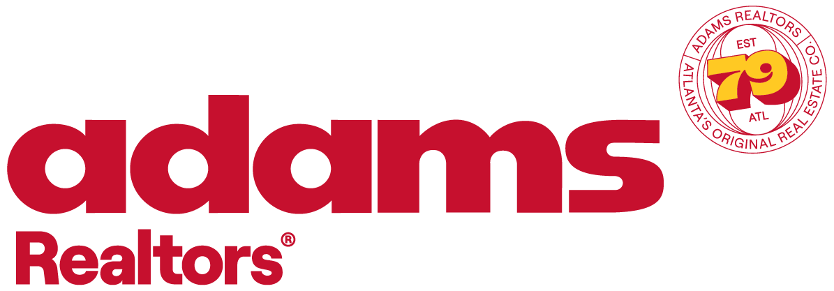 Logo of Adams Realtors featuring the word 'adams' in large red letters and 'Realtors' in smaller red letters beneath, with a circular badge in the top right corner indicating the company’s 79-year history and regional affiliations.