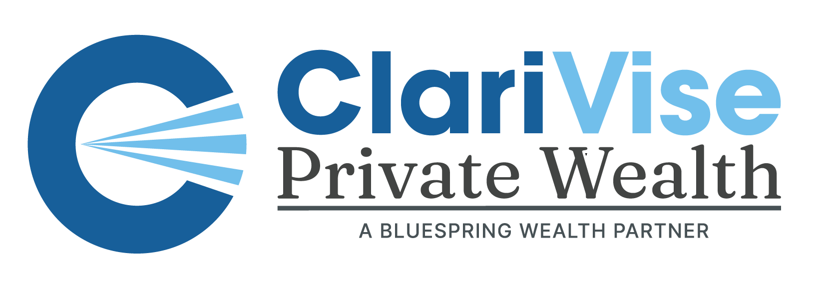 Logo of Clarise Private Wealth, a BlueSpring Wealth partner, with a stylized blue 'C' and lines representing wealth or growth.