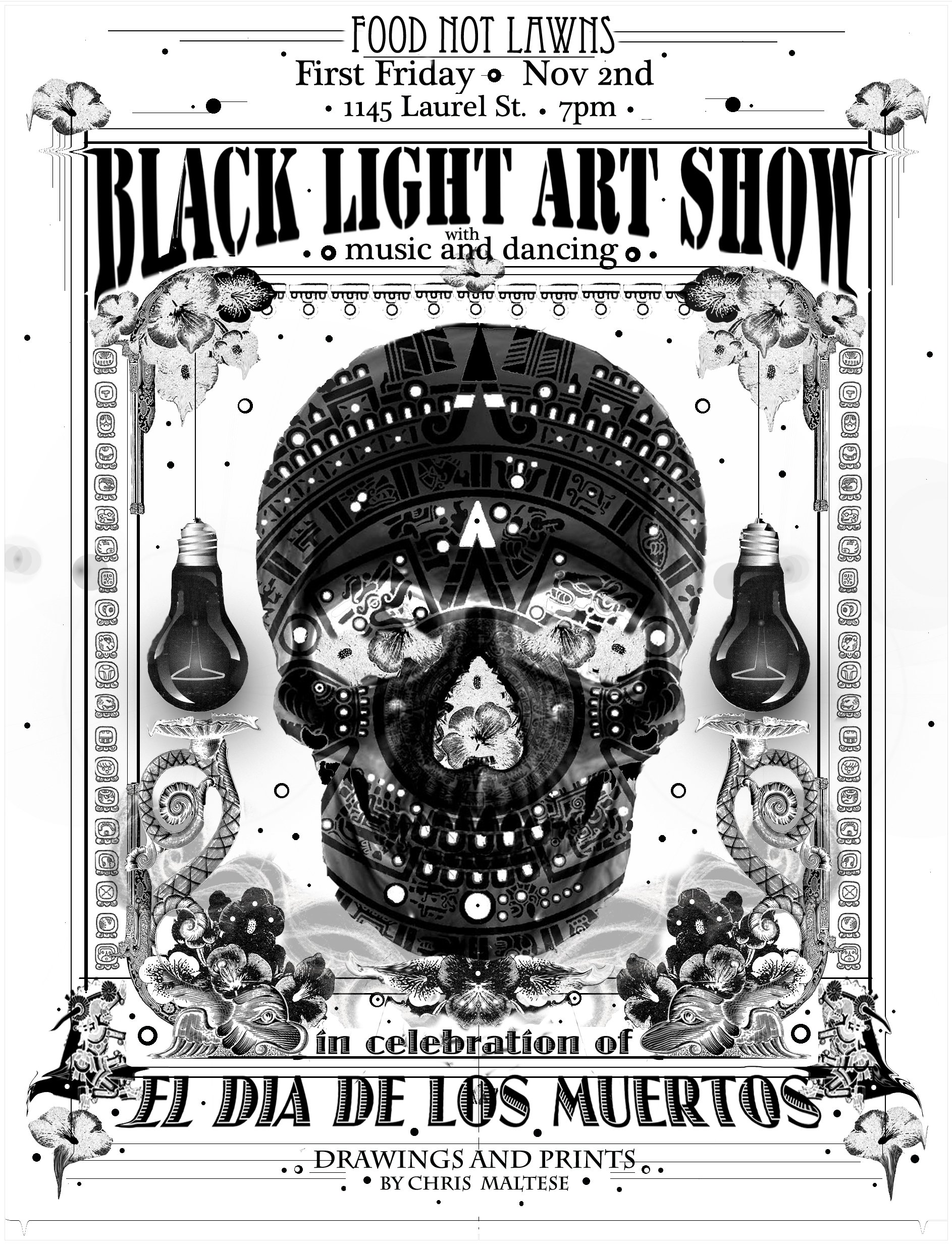 Day of the Dead - Black Light Art show Flyer (white). 2012.