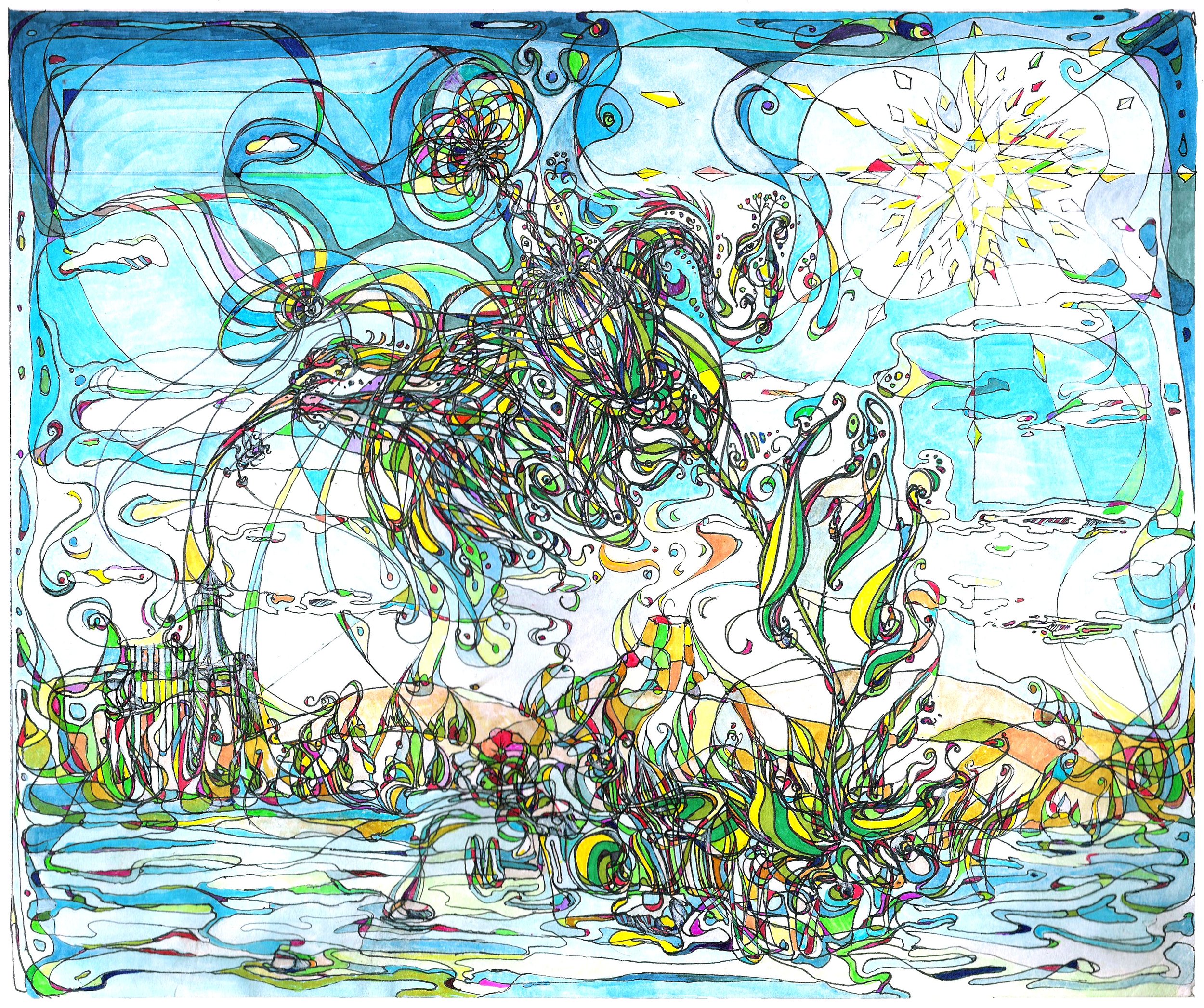 'Peacock's Catch' 11x8" Pen and marker on paper.