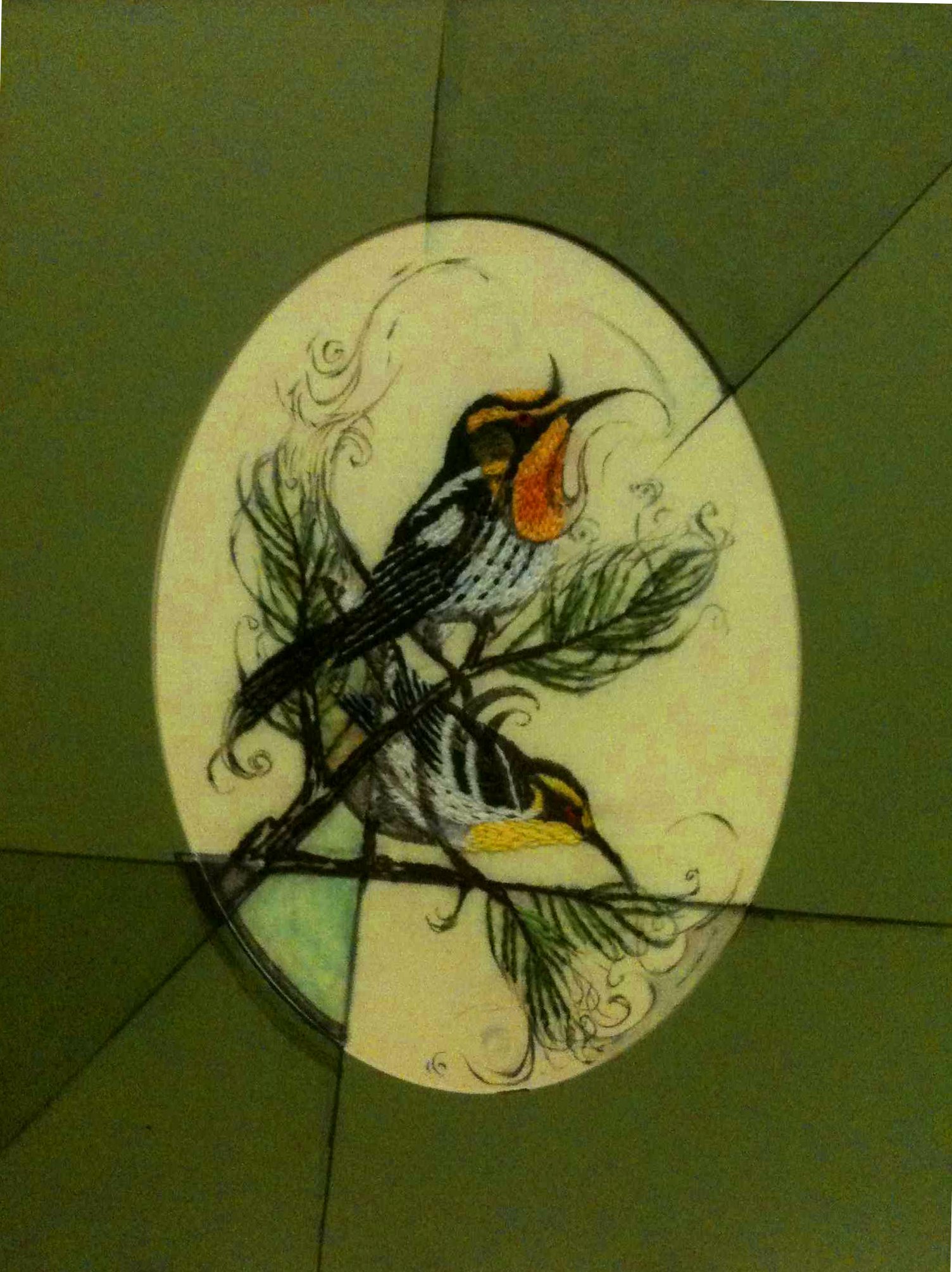 'Bird Fracture' Acrylic and Pen on Thrift Store Print. 2014
