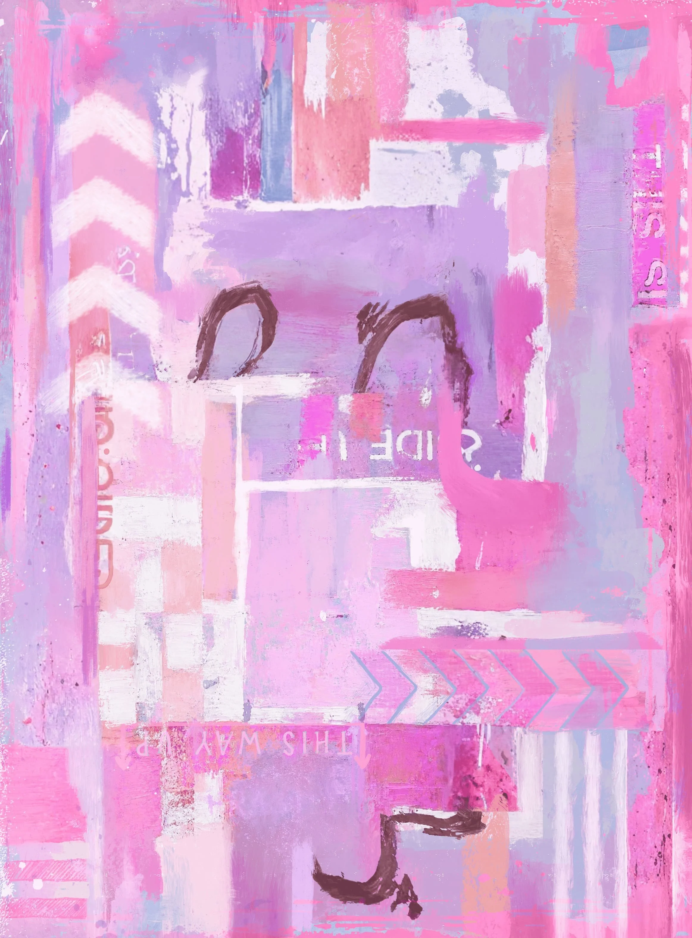 An abstract painting with shades of pink, purple, and white, featuring minimalistic black lines and some faint text and patterns.
