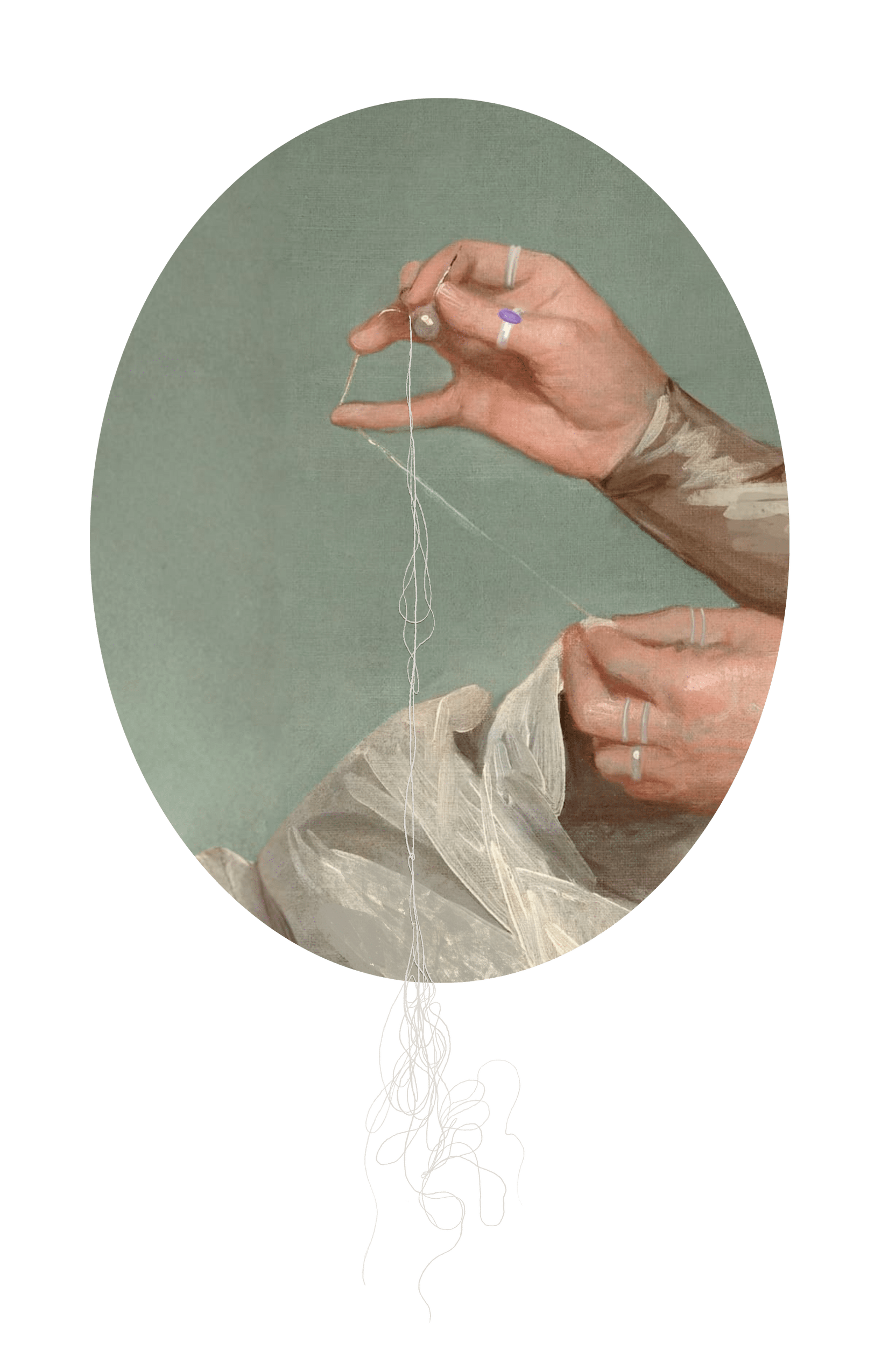 Vintage painted hand posed against a muted green oval background, delicately pinching white thread while sheer fabric drapes below and tangled strands hang downward.