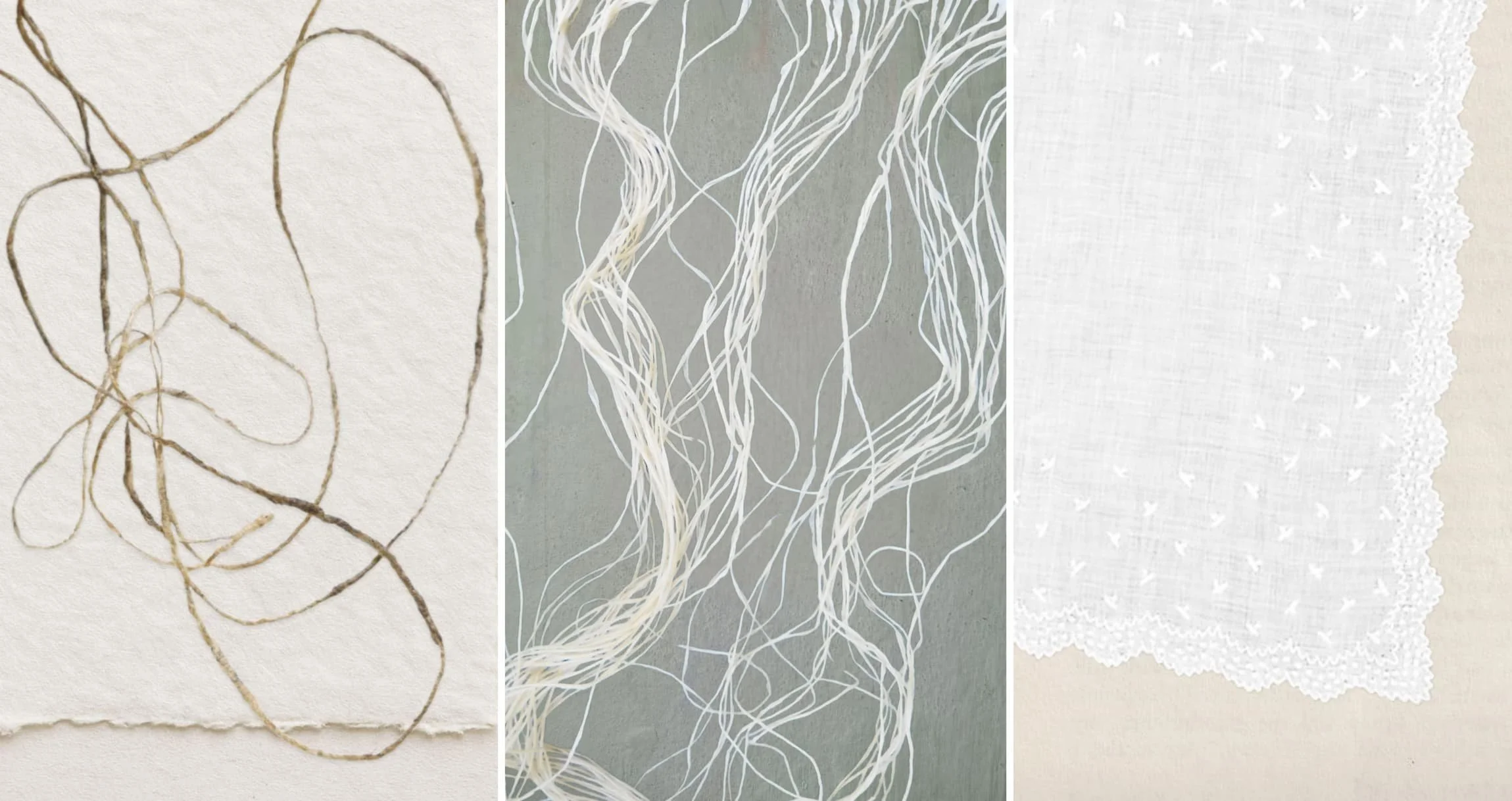 Three vertical close-up panels showing delicate thread loops, translucent fibrous textures, and pale layered fabric surfaces in neutral cream and gray tones.
