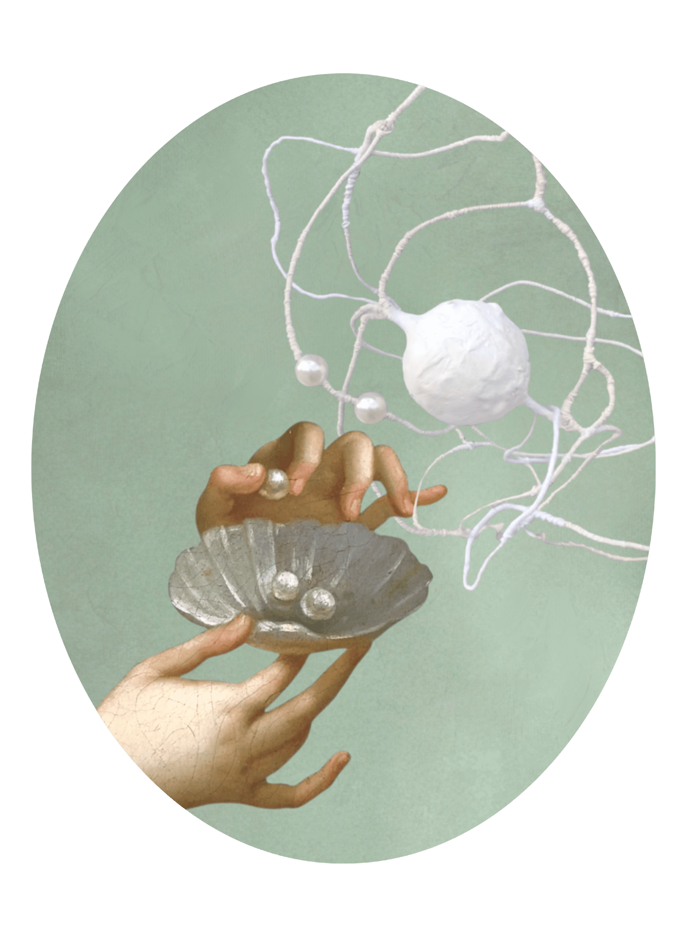 Oval collage on a muted green background showing two painted hands holding a shallow silver bowl beneath a suspended white orb wrapped in looping white thread and delicate wire-like lines.