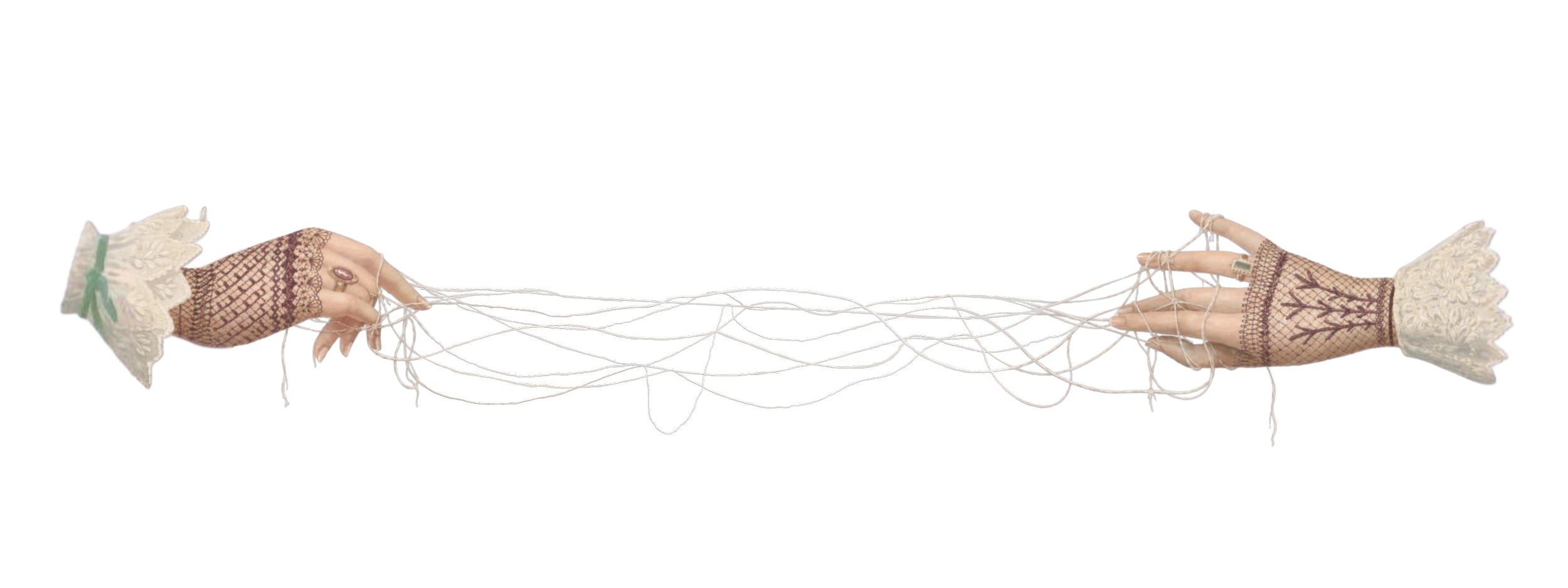 Two victorian-style illustrated hands reach toward one another, connected by a web of thin tangled white strings stretched between their fingers.