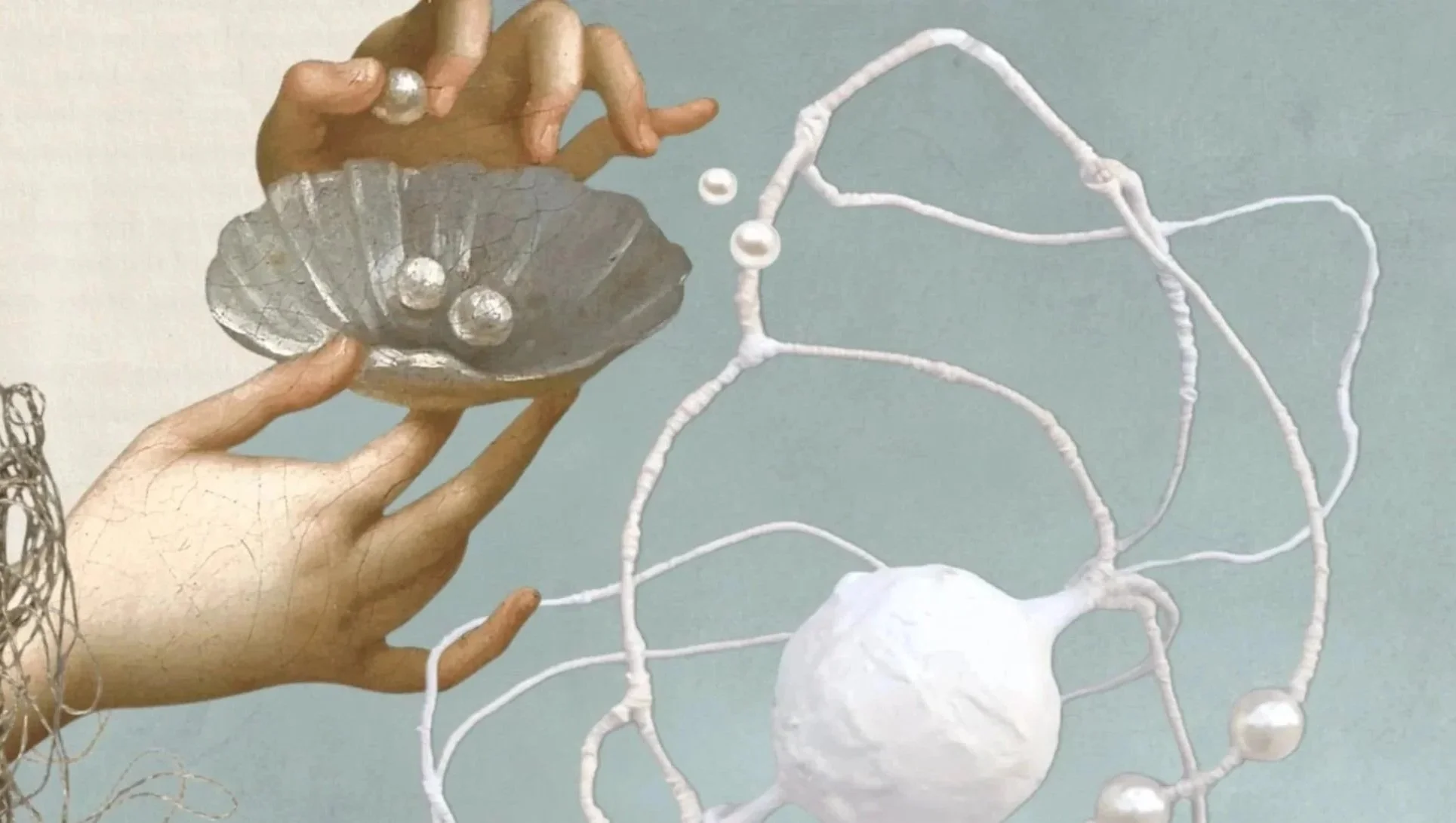 Painted hands holding a silver shell above a suspended white orb surrounded by looping white lines and thread-like forms layered across a pale green background.