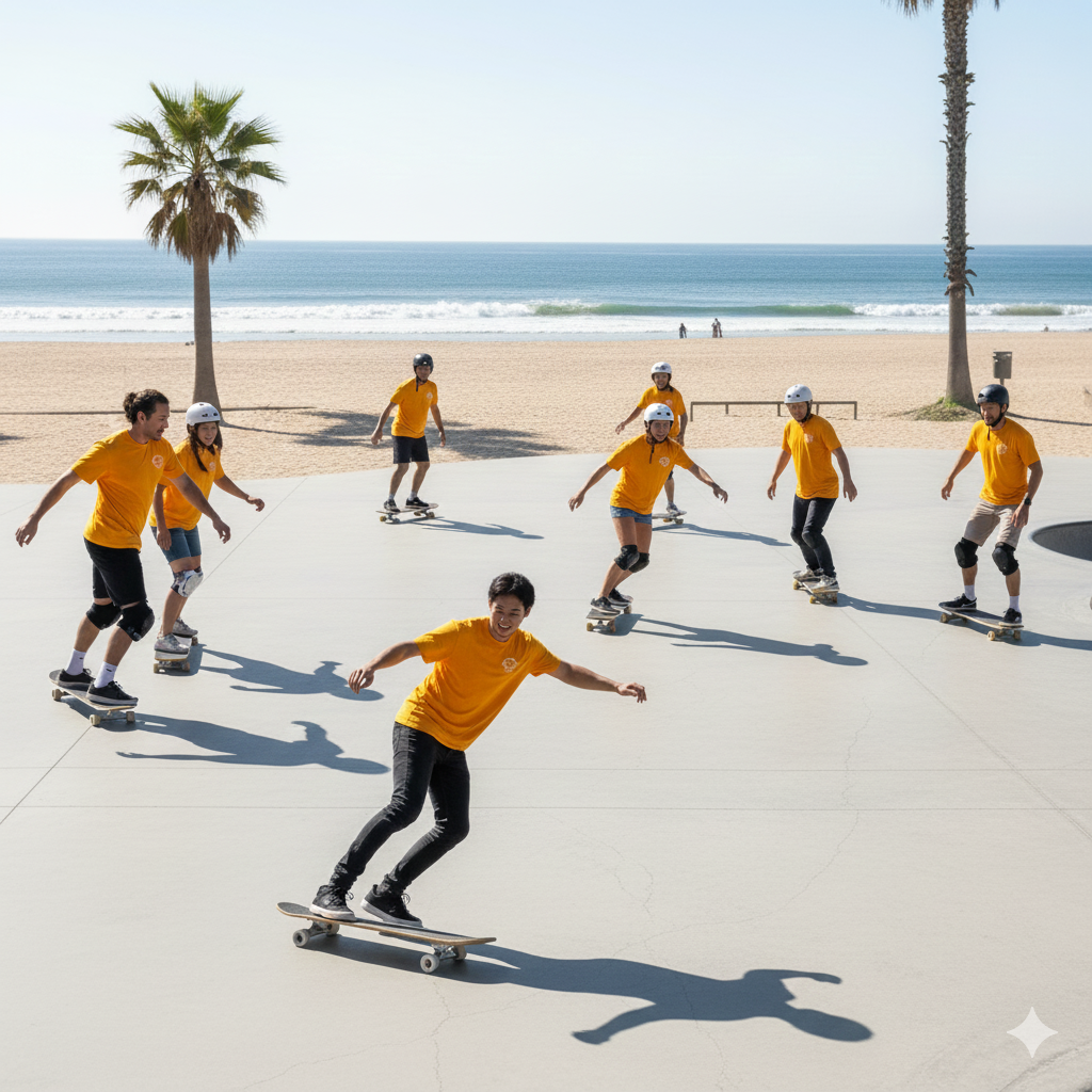 alt=" Multiple people learning how to ride surf skates on flat ground near the beach".
