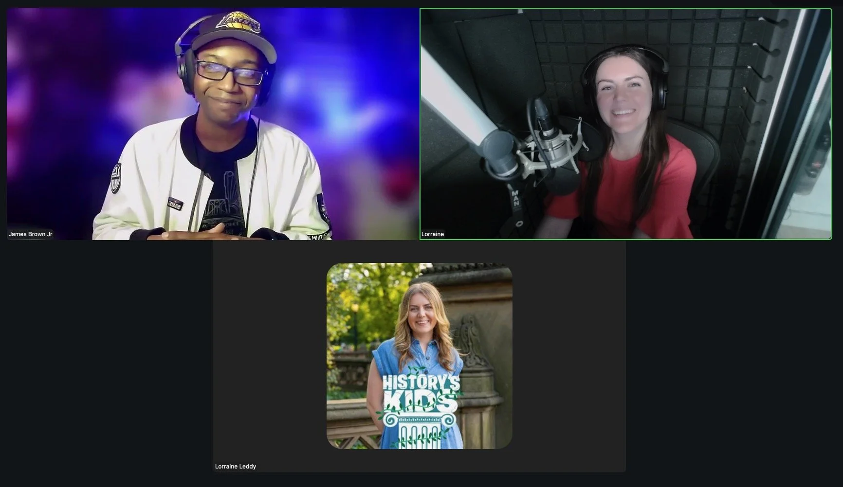 A Zoom call window showing co-hosts James Brown Jr. and Lorraine Leddy