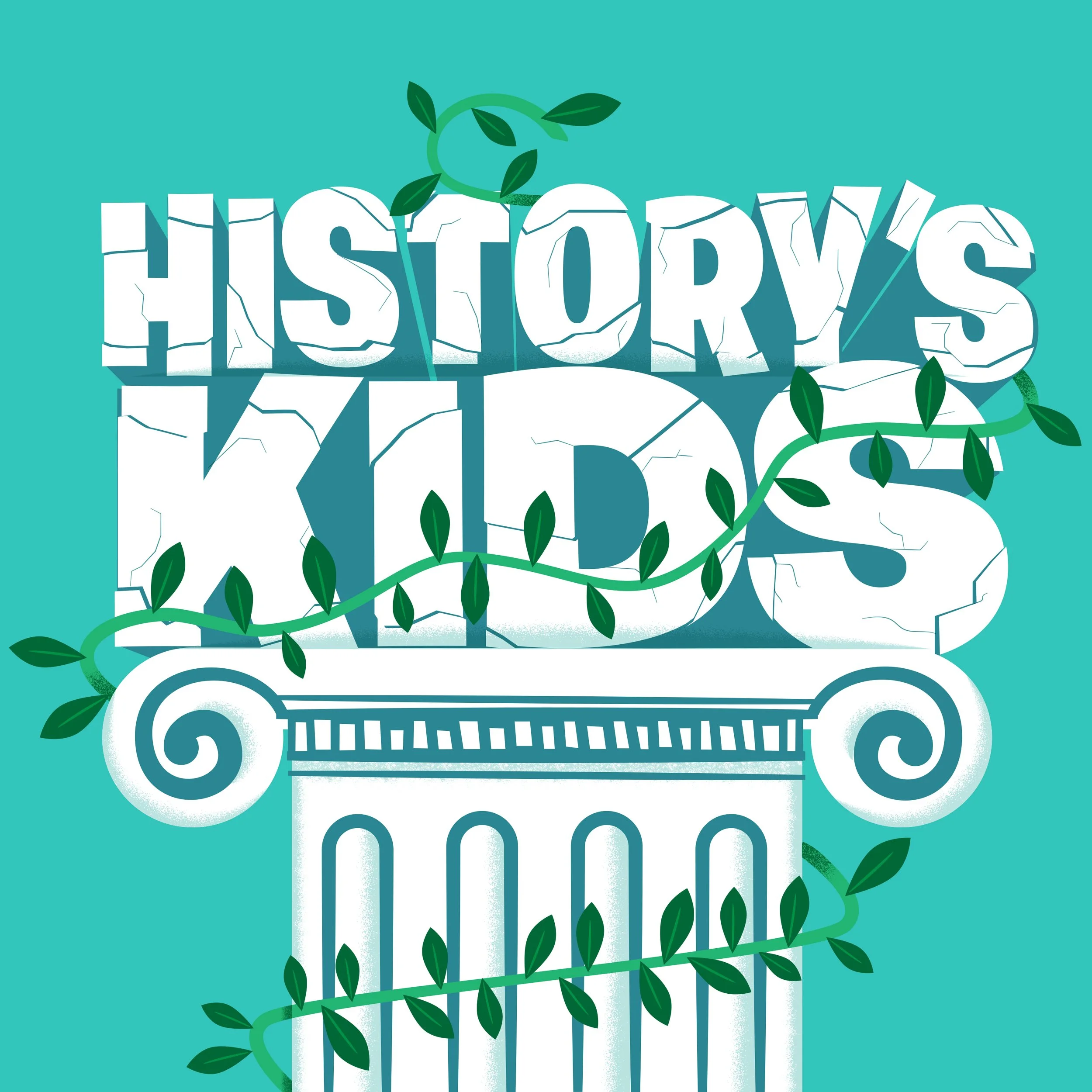 The words "History's Kids" spelled out in cartoon marble atop a pillar with vines