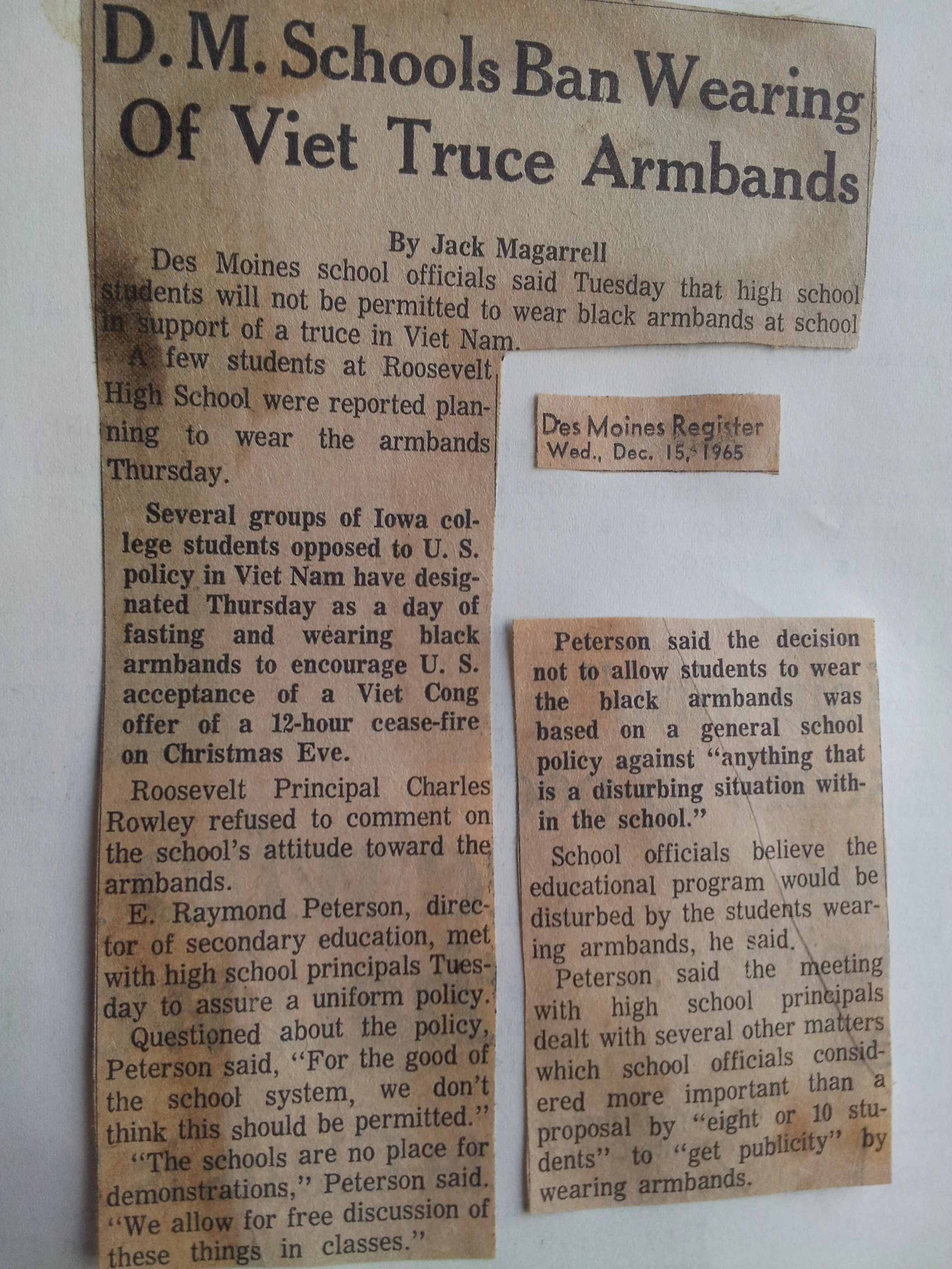 Newspaper article titled D.M. Schools Ban Wearing of Viet Truce Armband
