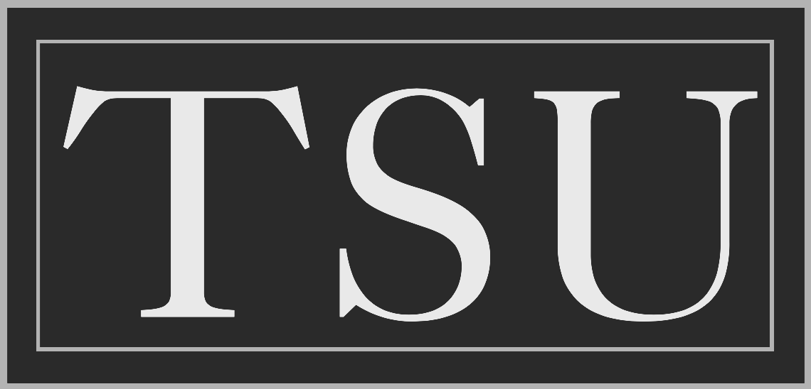 This the Texas Southern University logo that reads 'TSU' in large white letters on a dark gray background.