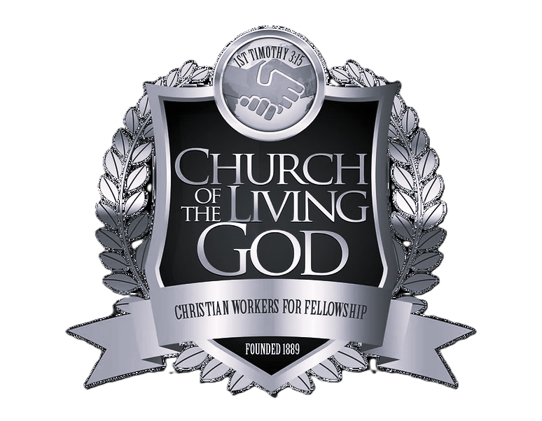 Emblem with a handshake symbol, shield, and laurel wreath, reading "Church of the Living God, Christian Workers for Fellowship, Founded 1889."