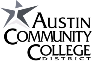 This is the Austin Community College District logo featuring a black and gray star-shaped logo with a stylized flying star design.