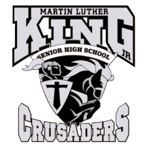 Logo of Martin Luther King Jr. High School Crusaders of Detroit, MI, featuring a knight's helmet, shield with a cross, and text indicating it is a senior high school team.