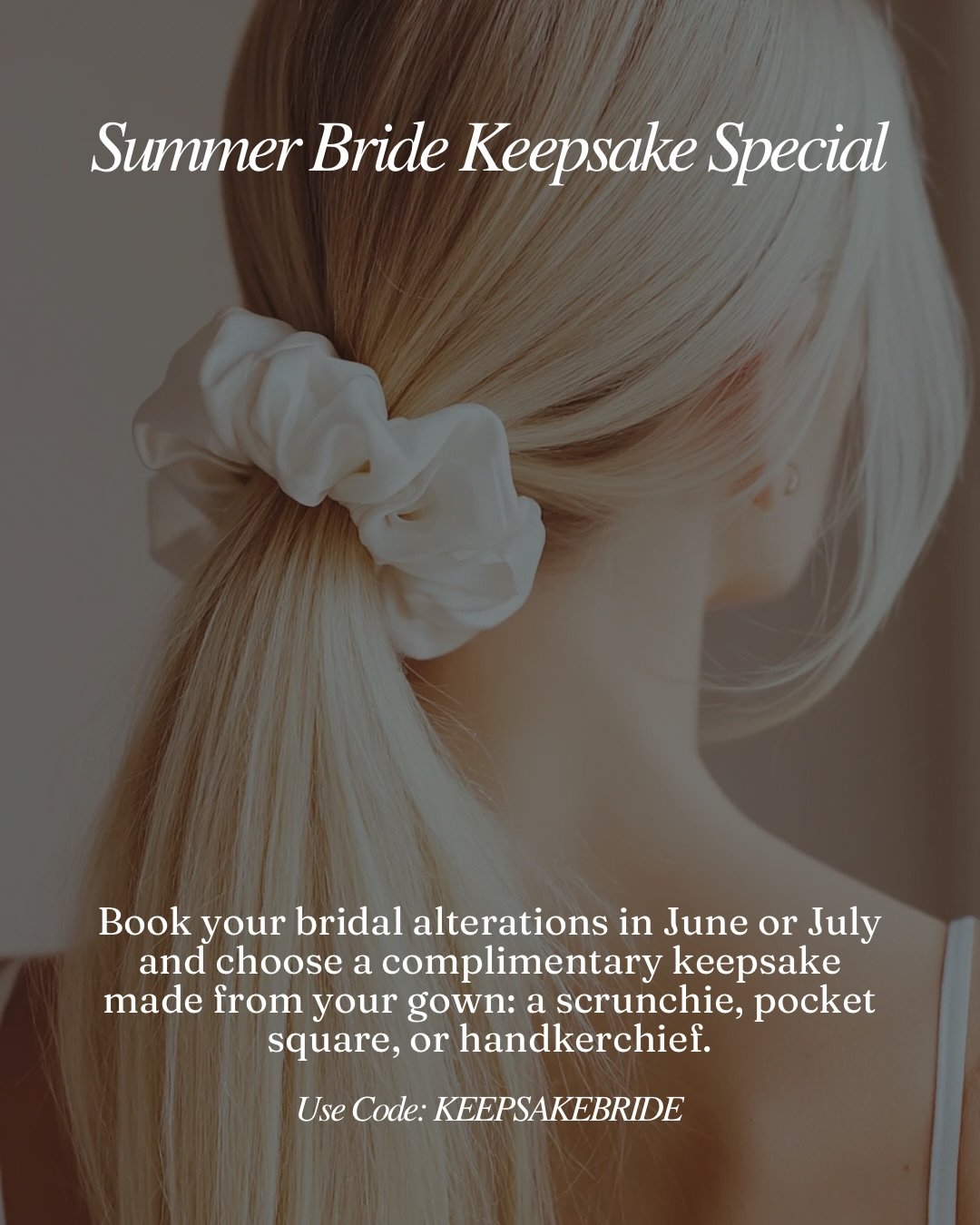 To celebrate our new space and the start of wedding season, we&rsquo;re gifting every bride who books with us in June or July a custom keepsake accessory made from the leftover fabric of their gown. 

Choose from a scrunchie, pocket square, or handke