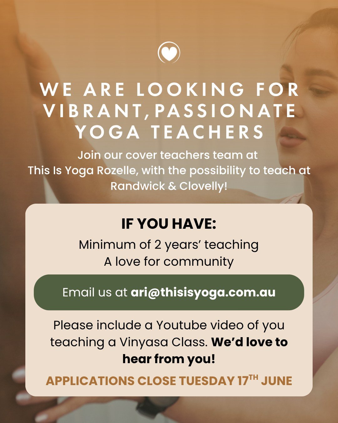 ✨ We&rsquo;re on the lookout for passionate yoga teachers to join our teaching team!
Join our cover team at This Is Yoga Rozelle, with opportunities to teach at Clovelly and Randwick

If you&rsquo;ve got:
🧘&zwj;♀️ 2+ years teaching experience
💛 A h
