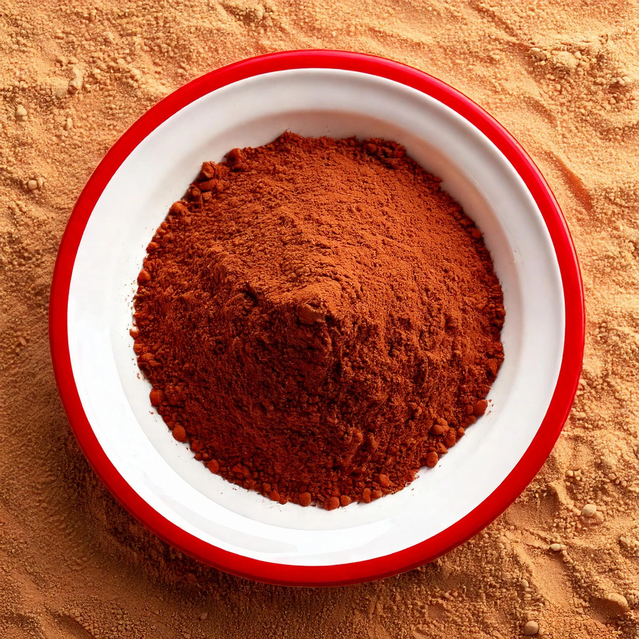 Firefly top view of a white dish with red trim, of cacao powder, sitting on light sand 19006.jpg