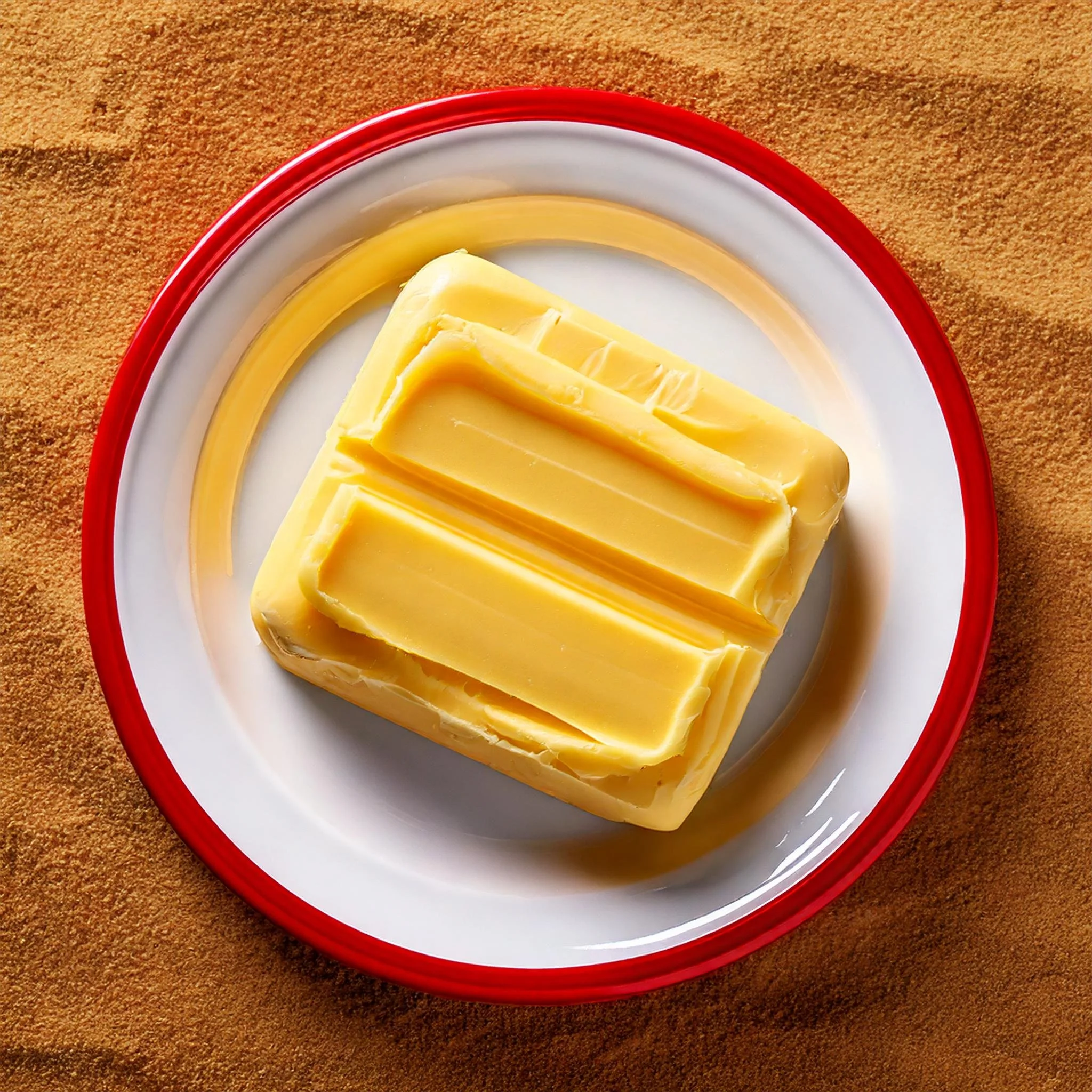 Firefly top view of a white dish with red trim, of hard shae butter, sitting on sand 19006.jpg