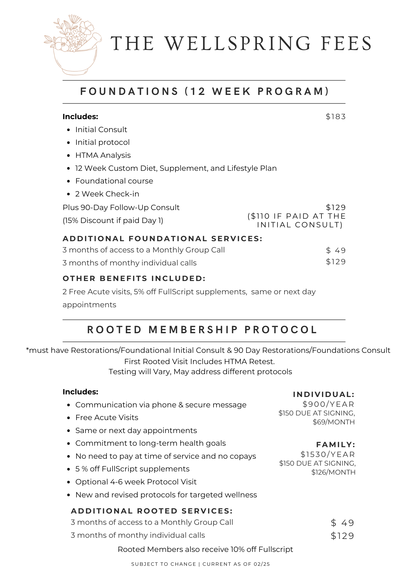 Schedule of Fees — The WellSpring Restorative Collective