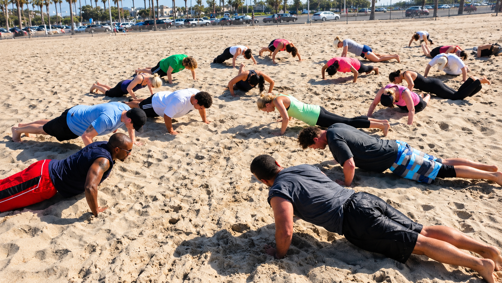 Athletes participating in an outdoor group fitness training session focused on strength and conditioning.