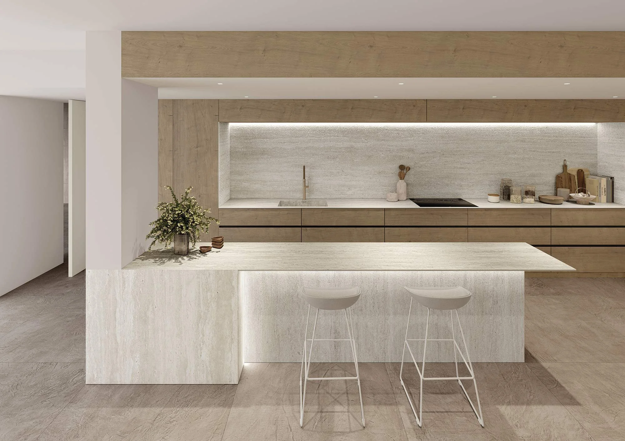 Modern minimalist kitchen with light-colored stone island, wooden cabinetry, and built-in sink and stove, decorated with plants and kitchen accessories.