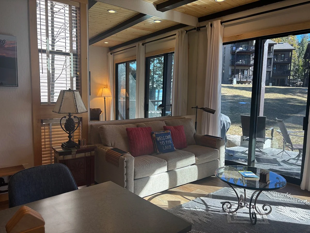 living room showing wood floor, area rug, light fabric sofa, sliding doors with view of lawn