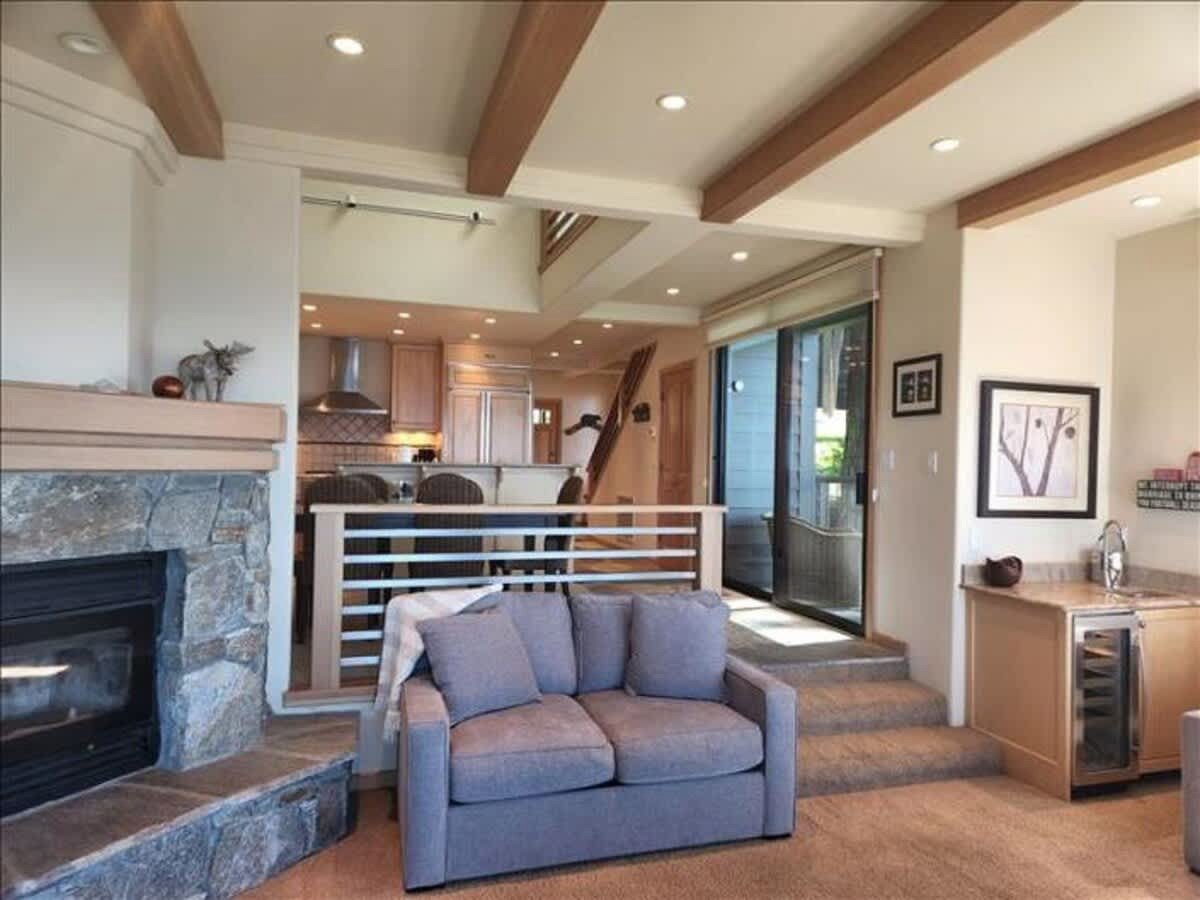 living room with love seat and stone fireplace