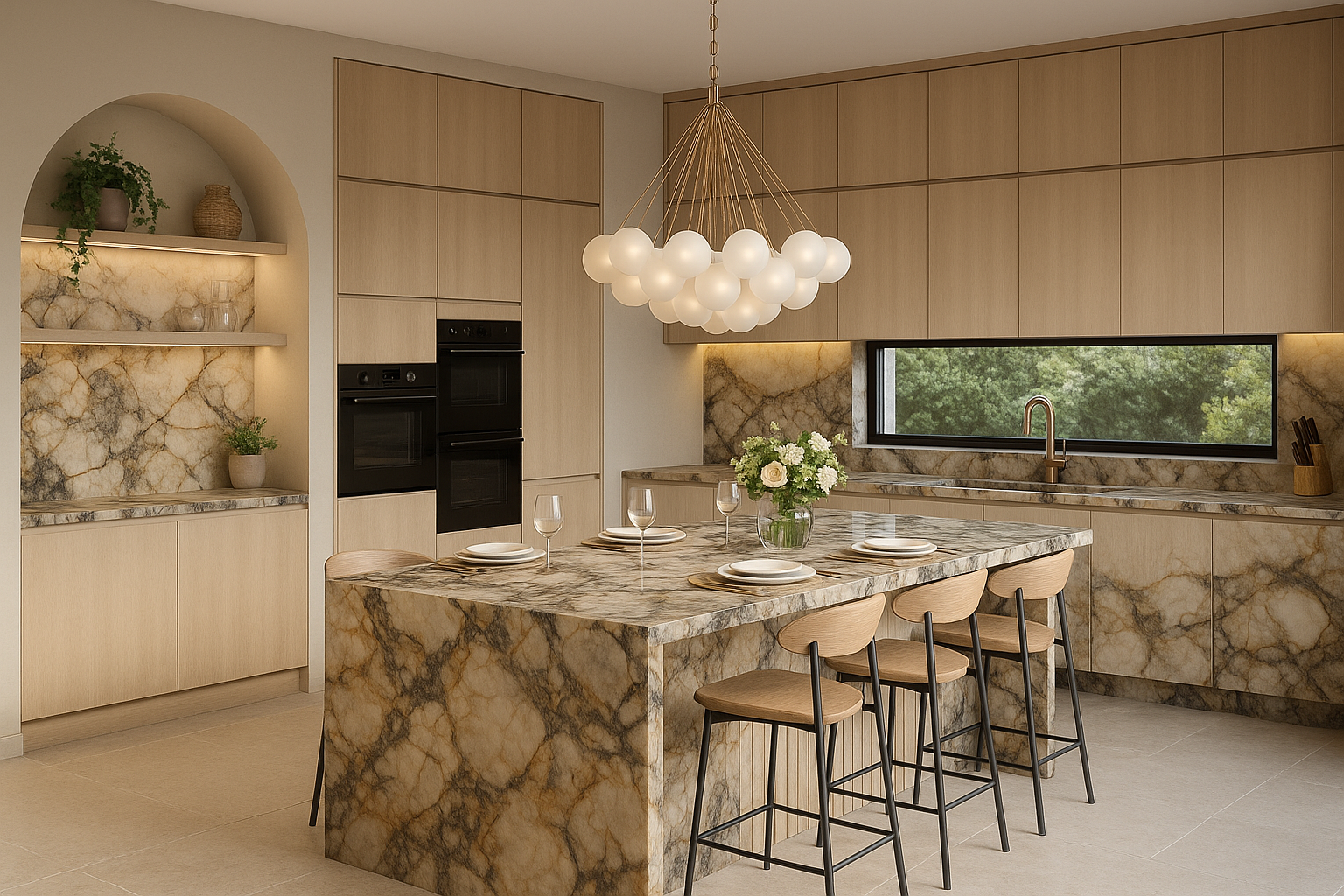 Modern kitchen with marble island, light wood cabinets, black built-in ovens, a long horizontal window, and a distinctive chandelier with white globes.