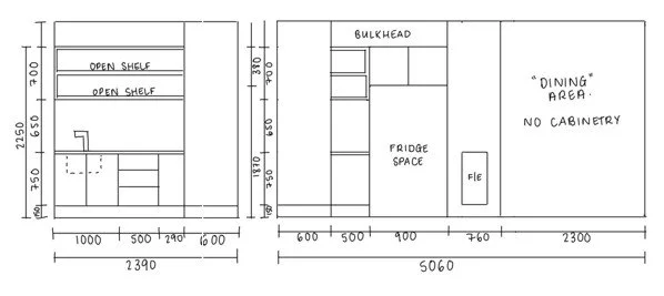 Kitchen layout blueprint showing open shelves, sink, bulkhead, fridge space, and a dining area without cabinetry.
