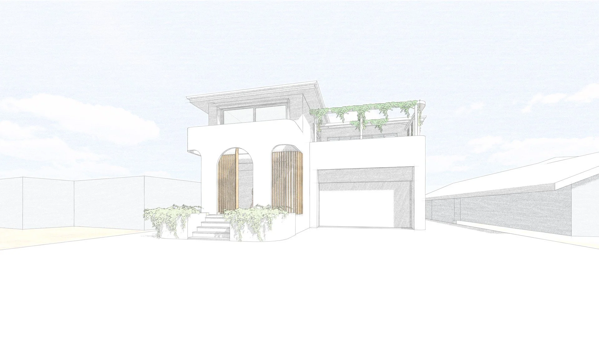 Sketch of modern two-story house with arched windows, staircase leading to the entrance, and greenery on balcony and rooftop.