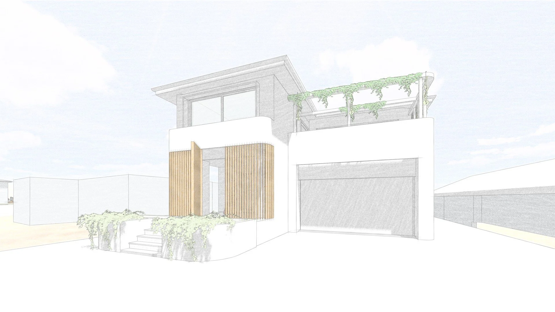 Sketch of a modern two-story house with a garage on the right, a balcony with greenery on the upper level, and wooden accents near the entrance.