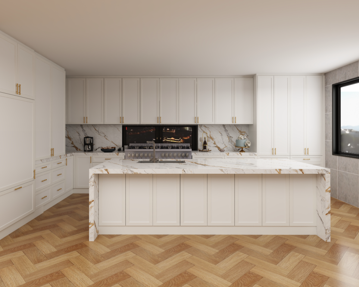 Modern kitchen with white cabinets, marble countertops, and a central island. There is a gas stove and a window on the right side of the room.